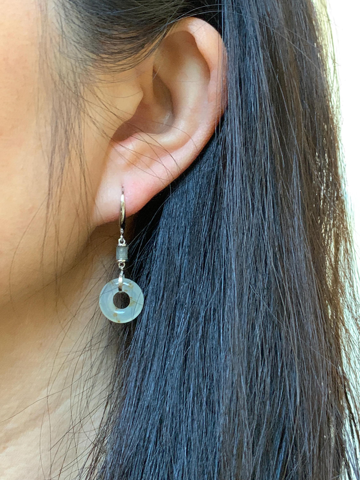 Natural Grade A Icy Translucent Beige Golden Marbled Jade Jadeite Ping An Kou Donut Dangle Earrings Sterling Silver 3g 天然冰胶撒金翡翠平安扣耳钩 MSJ212