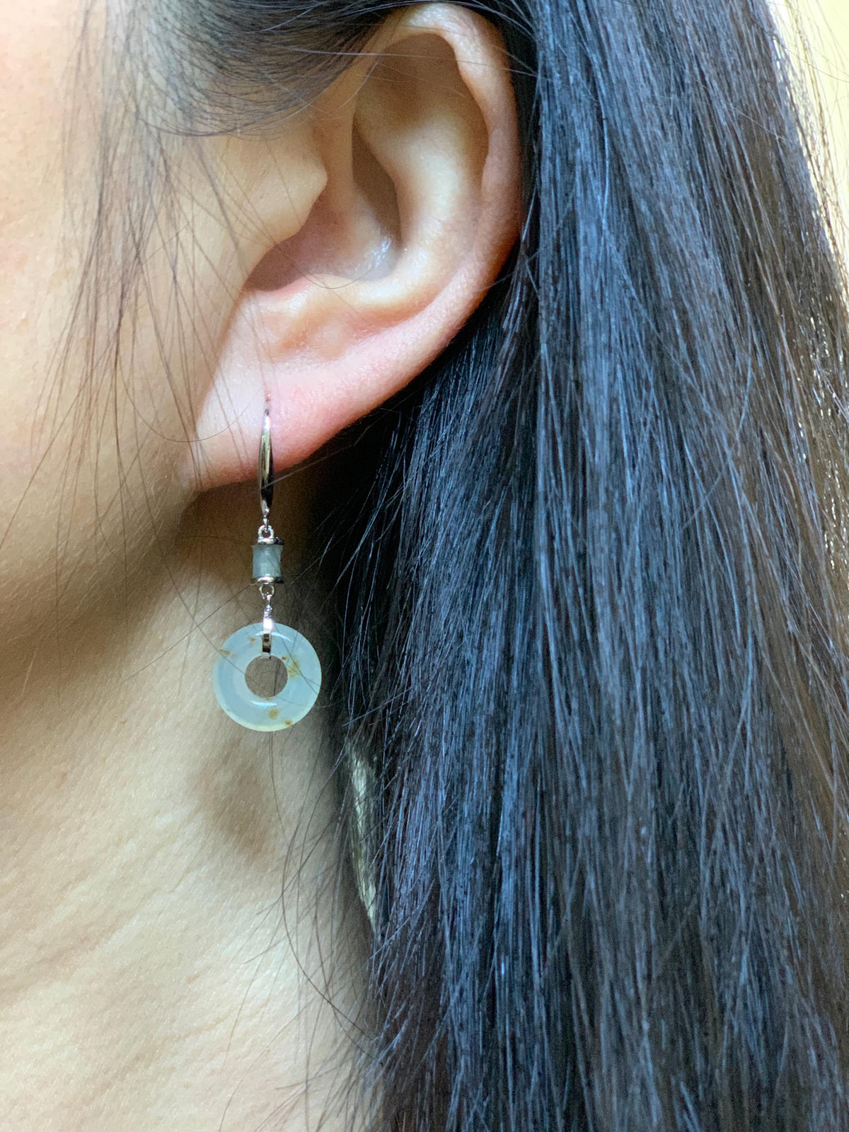 Natural Grade A Icy Translucent Beige Golden Marbled Jade Jadeite Ping An Kou Donut Dangle Earrings Sterling Silver 3g 天然冰胶撒金翡翠平安扣耳钩 MSJ212