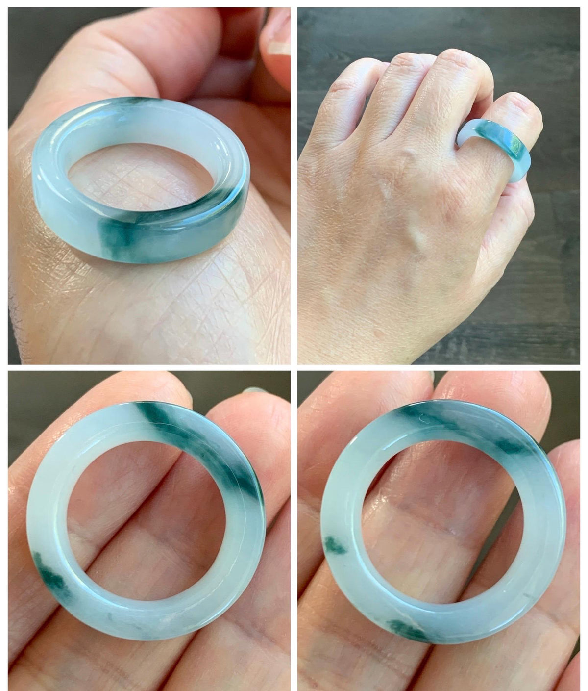Certified Natural Grade A Icy Translucent Teal Green Marbled Jade Jadeite Square Edged Band Ring Size 8.75 US 6.23g 天然冰胶白飘花翡翠角戒戒圈 1174