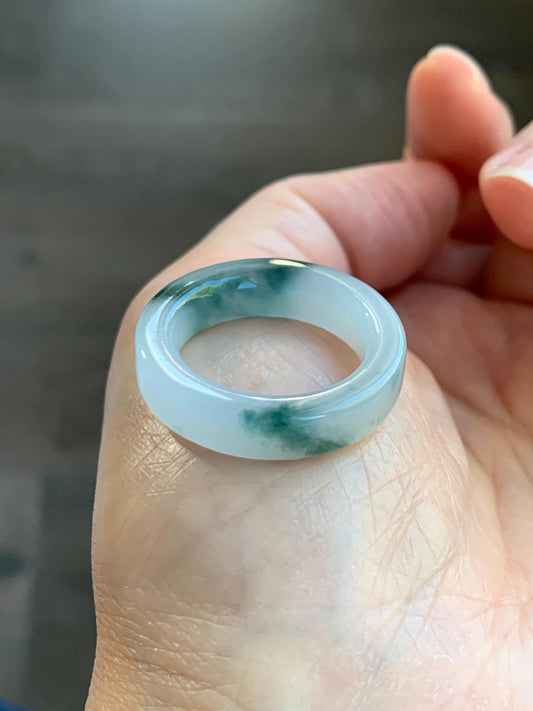 Certified Natural Grade A Icy Translucent Teal Green Marbled Jade Jadeite Square Edged Band Ring Size 8.75 US 6.23g 天然冰胶白飘花翡翠角戒戒圈 1174