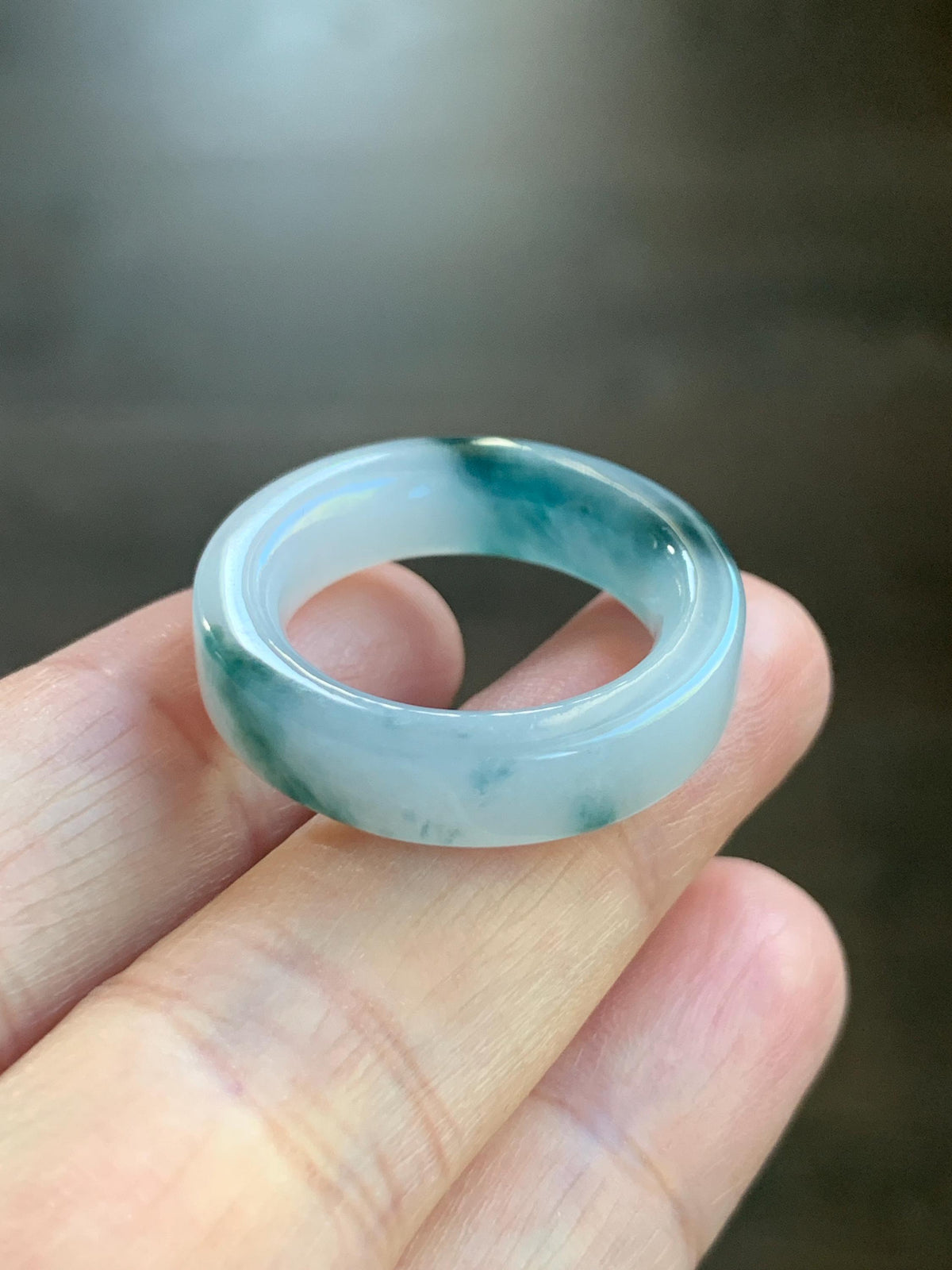 Certified Natural Grade A Icy Translucent Teal Green Marbled Jade Jadeite Square Edged Band Ring Size 8.75 US 6.23g 天然冰胶白飘花翡翠角戒戒圈 1174