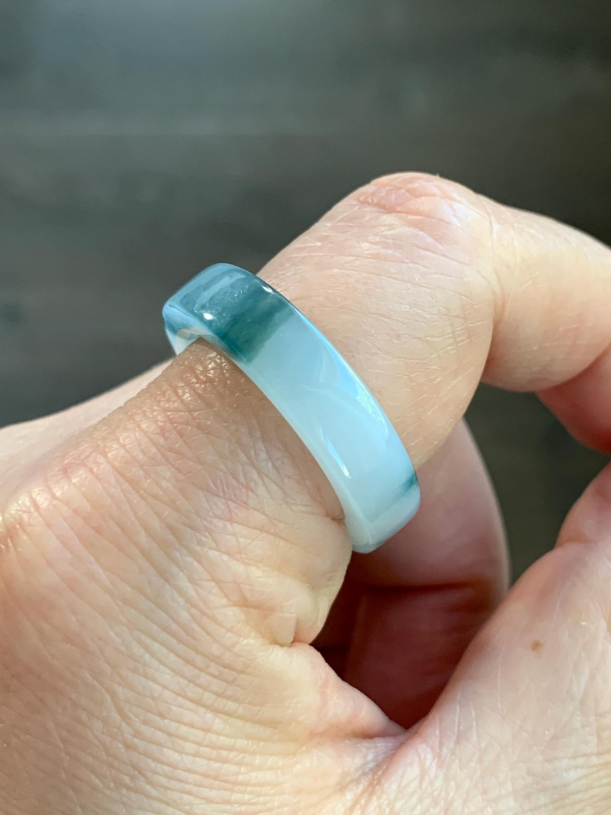 Certified Natural Grade A Icy Translucent Teal Green Marbled Jade Jadeite Square Edged Band Ring Size 8.75 US 6.23g 天然冰胶白飘花翡翠角戒戒圈 1174