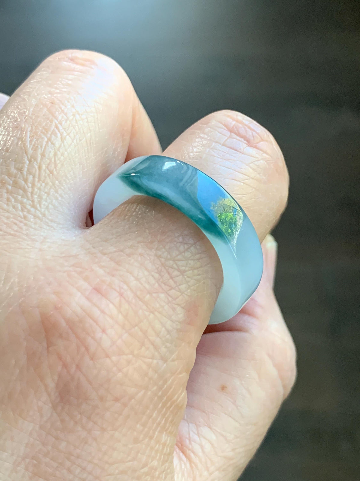 Certified Natural Grade A Icy Translucent Teal Green Marbled Jade Jadeite Square Edged Band Ring Size 8.75 US 6.23g 天然冰胶白飘花翡翠角戒戒圈 1174