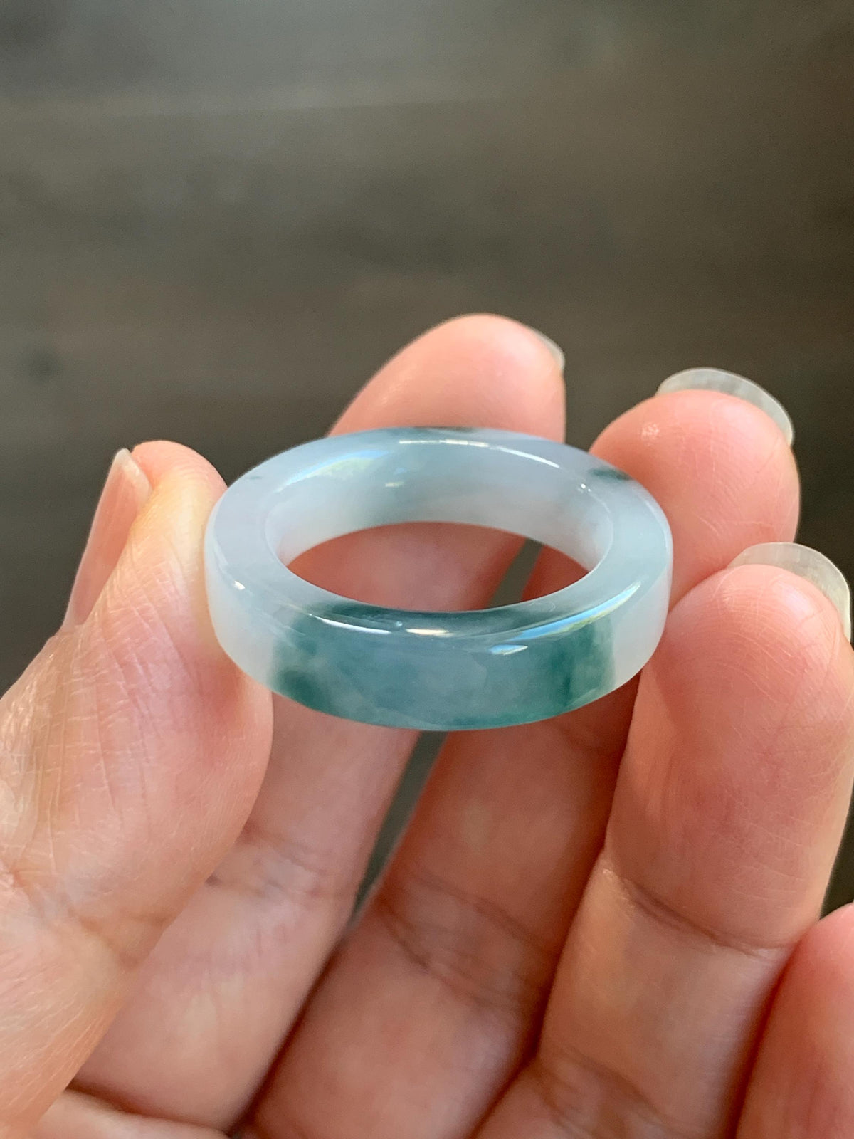 Certified Natural Grade A Icy Translucent Teal Green Marbled Jade Jadeite Square Edged Band Ring Size 8.75 US 6.23g 天然冰胶白飘花翡翠角戒戒圈 1174