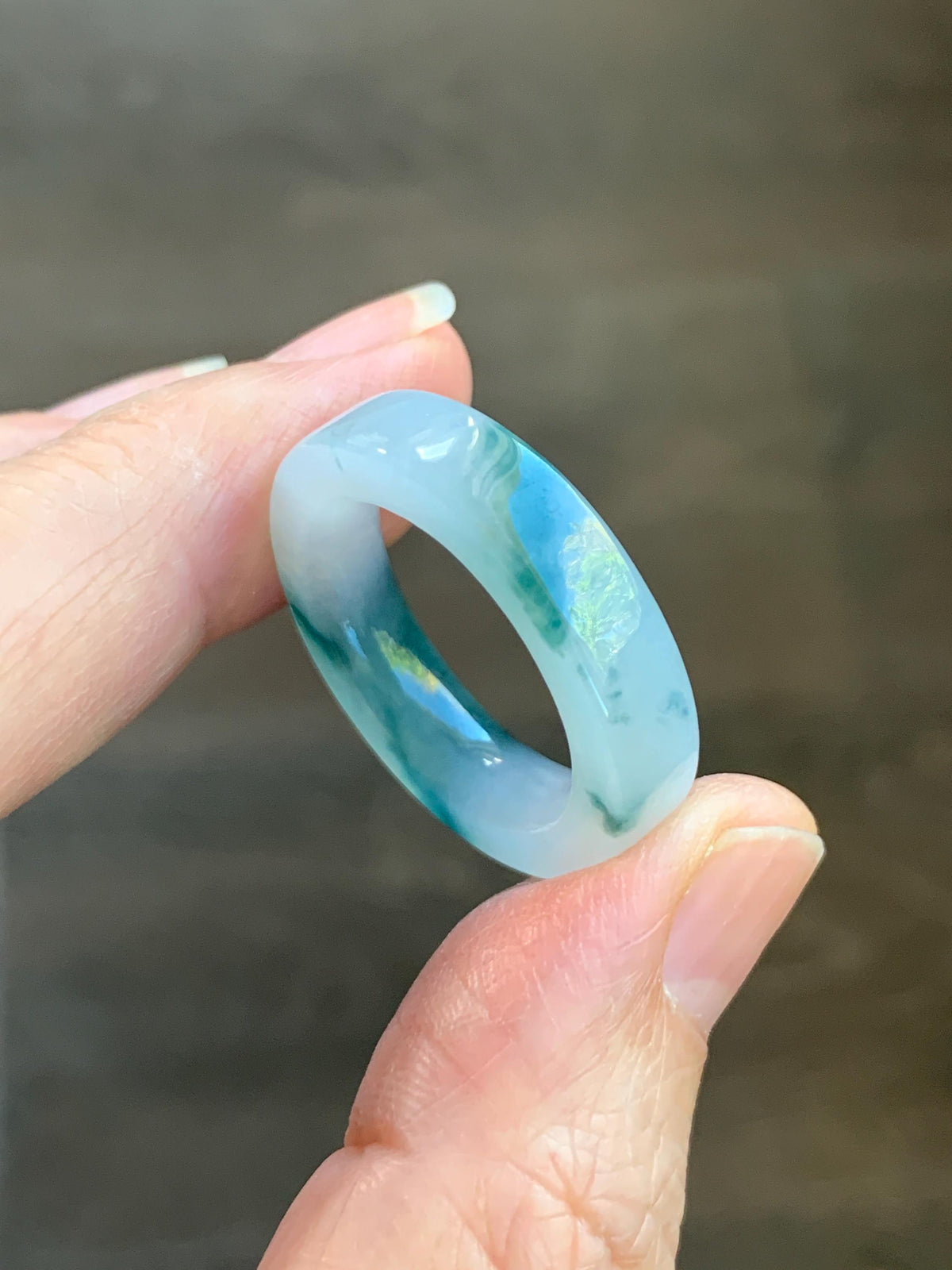 Certified Natural Grade A Icy Translucent Teal Green Marbled Jade Jadeite Square Edged Band Ring Size 8.75 US 6.23g 天然冰胶白飘花翡翠角戒戒圈 1174