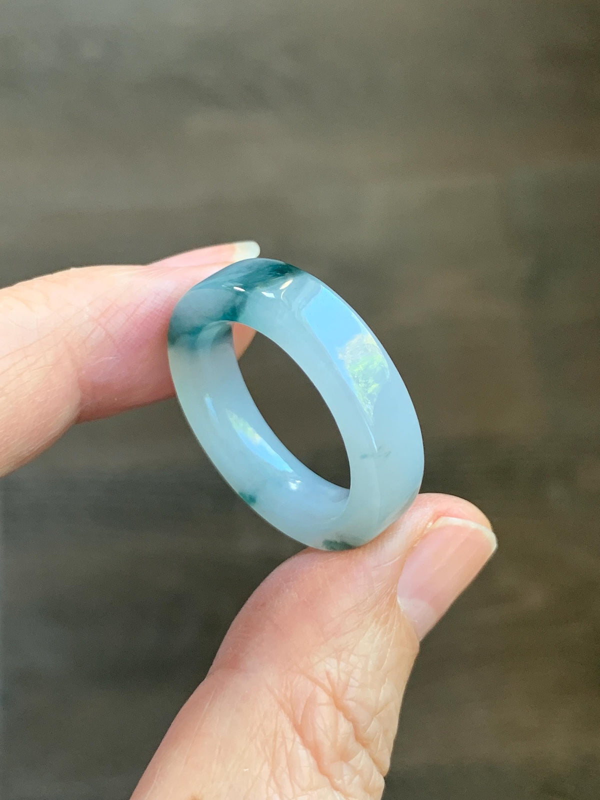 Certified Natural Grade A Icy Translucent Teal Green Marbled Jade Jadeite Square Edged Band Ring Size 8.75 US 6.23g 天然冰胶白飘花翡翠角戒戒圈 1174