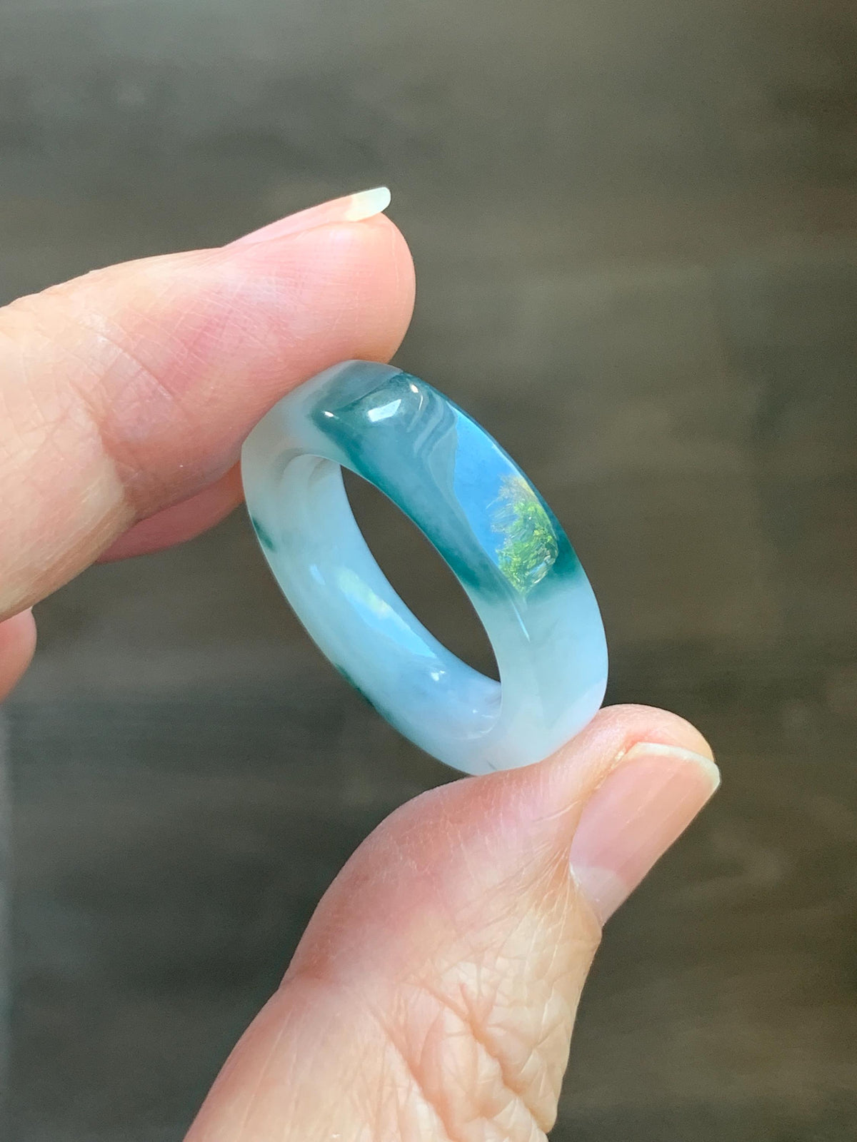 Certified Natural Grade A Icy Translucent Teal Green Marbled Jade Jadeite Square Edged Band Ring Size 8.75 US 6.23g 天然冰胶白飘花翡翠角戒戒圈 1174
