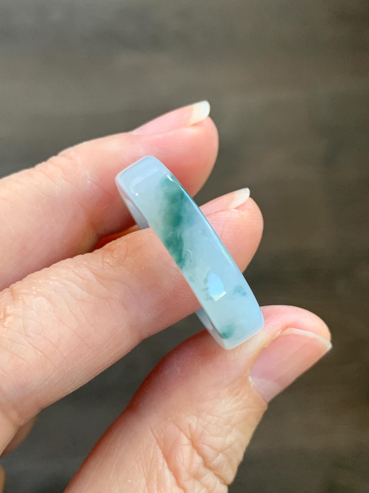 Certified Natural Grade A Icy Translucent Teal Green Marbled Jade Jadeite Square Edged Band Ring Size 8.75 US 6.23g 天然冰胶白飘花翡翠角戒戒圈 1174