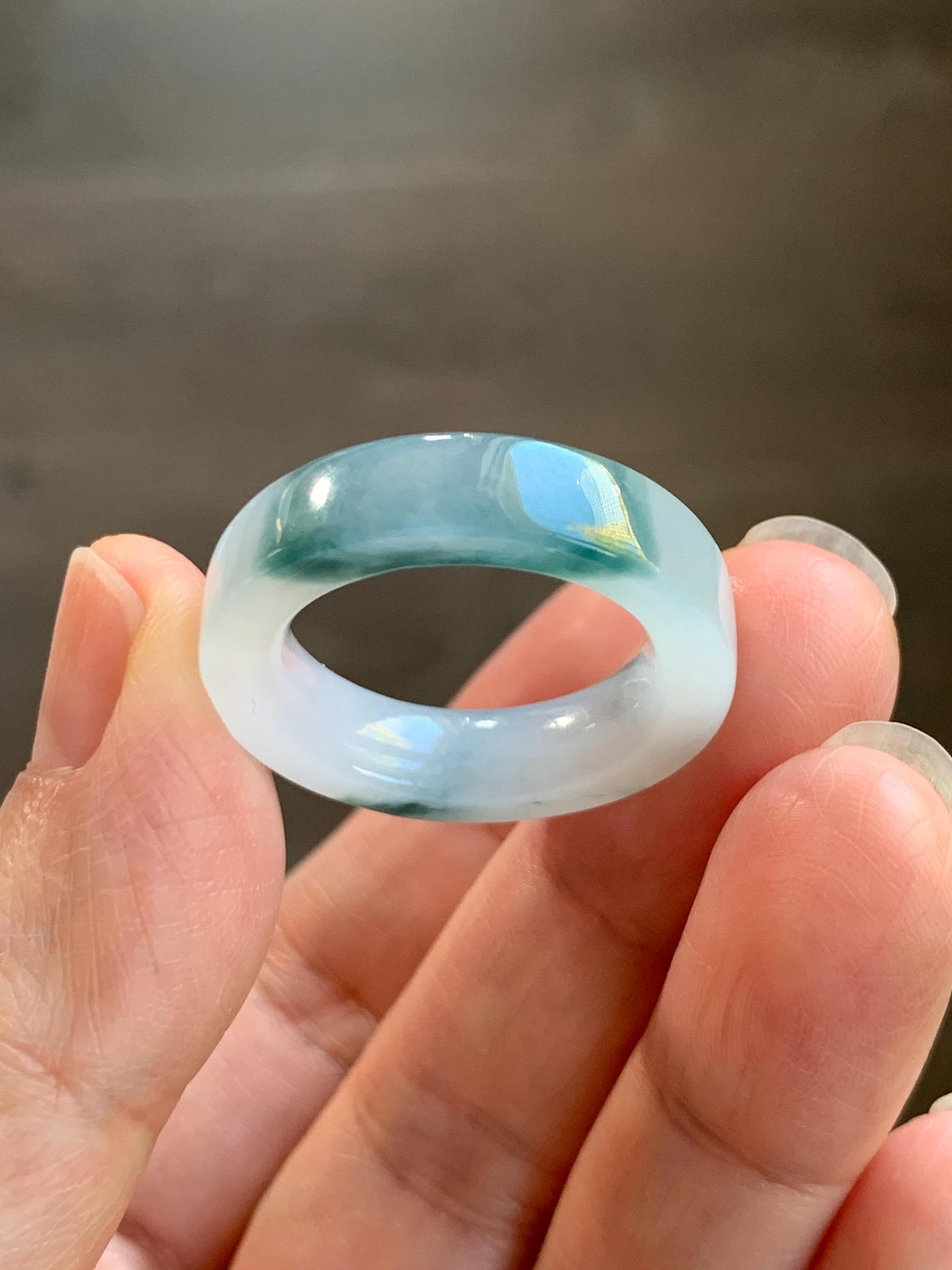 Certified Natural Grade A Icy Translucent Teal Green Marbled Jade Jadeite Square Edged Band Ring Size 8.75 US 6.23g 天然冰胶白飘花翡翠角戒戒圈 1174