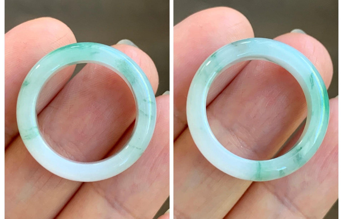 Natural Grade A Icy Translucent White & Green Marbled Jade Jadeite Band Ring Size 7.75 US 4g 天然白冰飘绿花翡翠戒圈 MBL220D