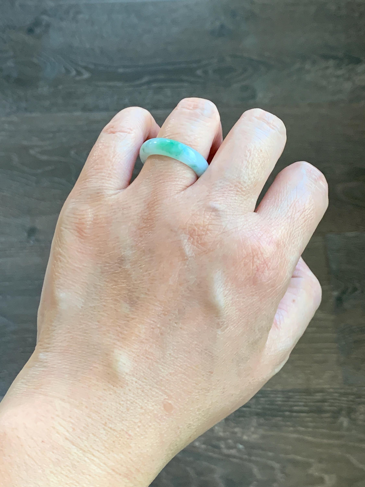 Natural Grade A Icy Translucent White & Green Marbled Jade Jadeite Band Ring Size 7.75 US 4g 天然白冰飘绿花翡翠戒圈 MBL220D