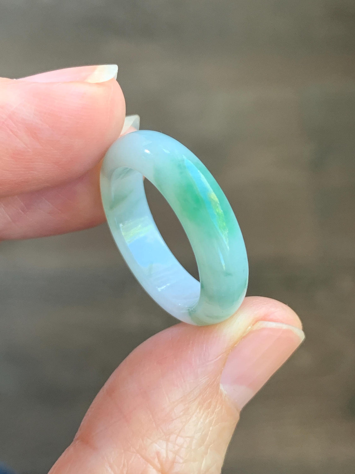 Natural Grade A Icy Translucent White & Green Marbled Jade Jadeite Band Ring Size 7.75 US 4g 天然白冰飘绿花翡翠戒圈 MBL220D