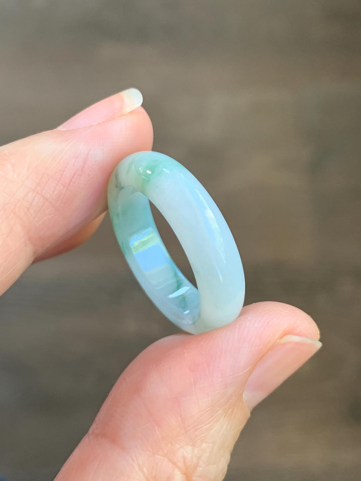 Natural Grade A Icy Translucent White & Green Marbled Jade Jadeite Band Ring Size 7.75 US 4g 天然白冰飘绿花翡翠戒圈 MBL220D