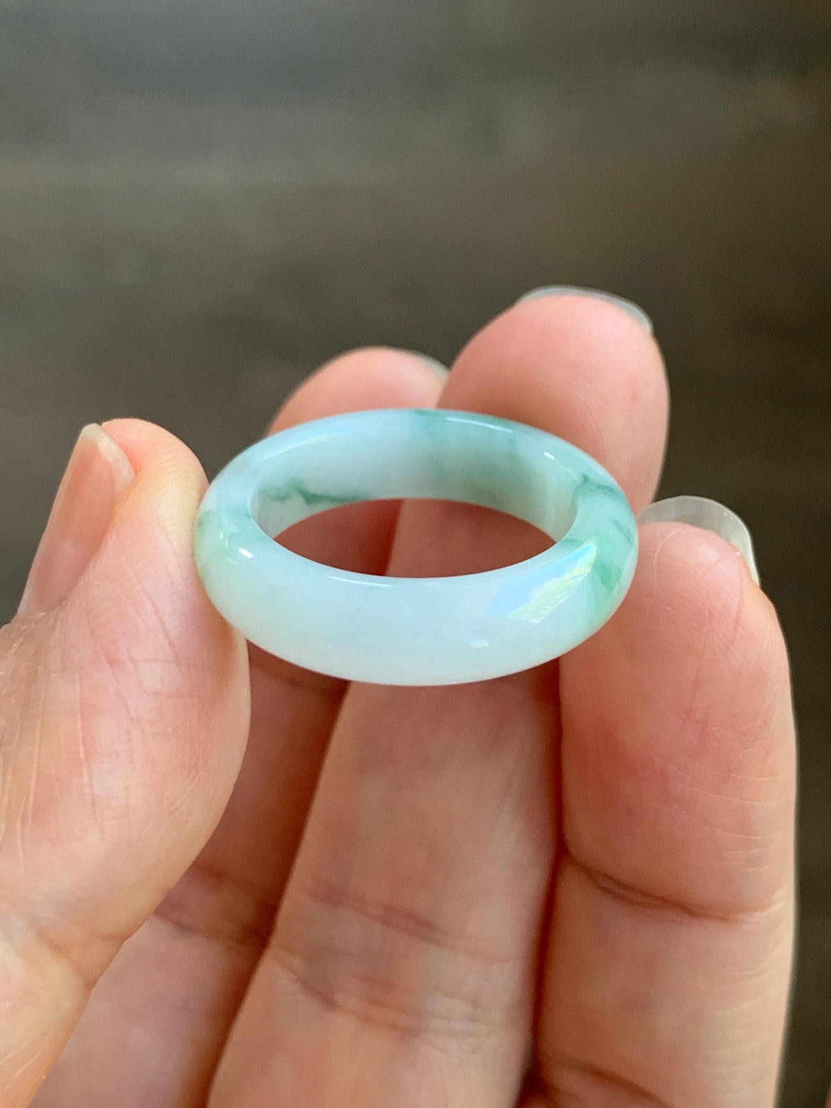 Natural Grade A Icy Translucent White & Green Marbled Jade Jadeite Band Ring Size 7.75 US 4g 天然白冰飘绿花翡翠戒圈 MBL220D