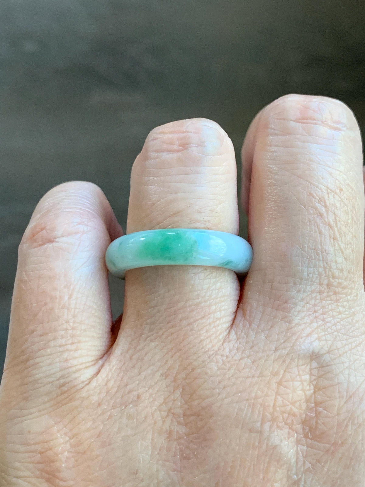 Natural Grade A Icy Translucent White & Green Marbled Jade Jadeite Band Ring Size 7.75 US 4g 天然白冰飘绿花翡翠戒圈 MBL220D