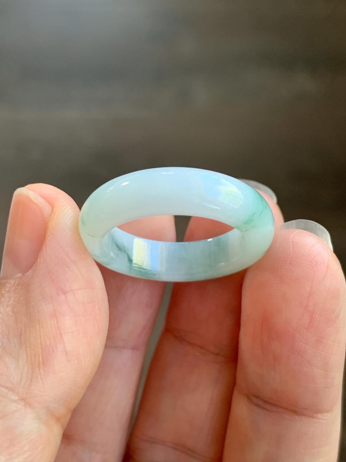 Natural Grade A Icy Translucent White & Green Marbled Jade Jadeite Band Ring Size 7.75 US 4g 天然白冰飘绿花翡翠戒圈 MBL220D