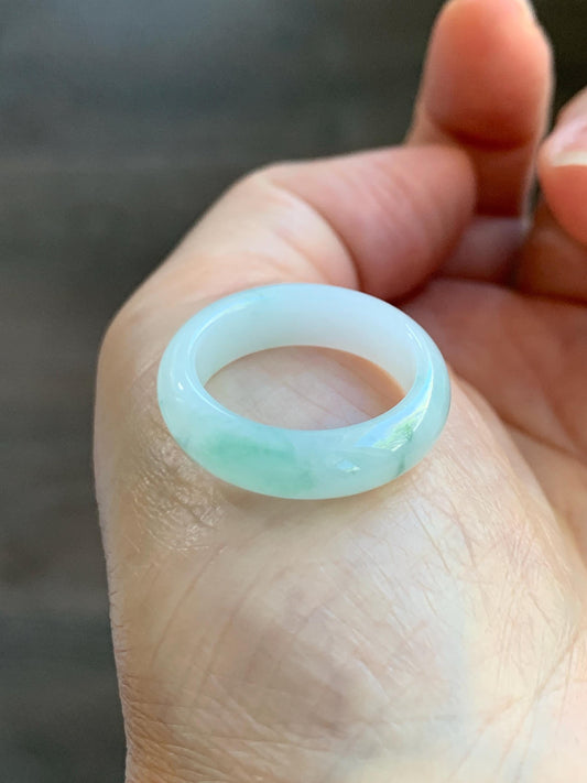 Natural Grade A Icy Translucent White & Green Marbled Jade Jadeite Band Ring Size 7.75 US 4g 天然白冰飘绿花翡翠戒圈 MBL220C