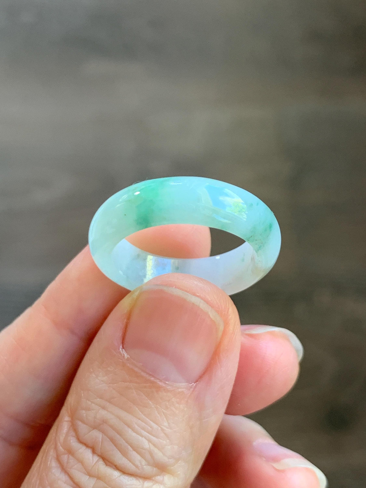 Natural Grade A Icy Translucent White & Green Marbled Jade Jadeite Band Ring Size 7.75 US 4g 天然白冰飘绿花翡翠戒圈 MBL220B