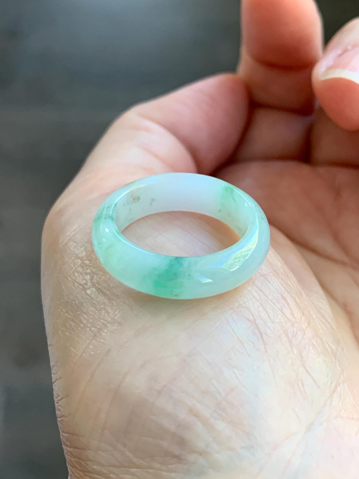 Natural Grade A Icy Translucent White & Green Marbled Jade Jadeite Band Ring Size 7.75 US 4g 天然白冰飘绿花翡翠戒圈 MBL220B