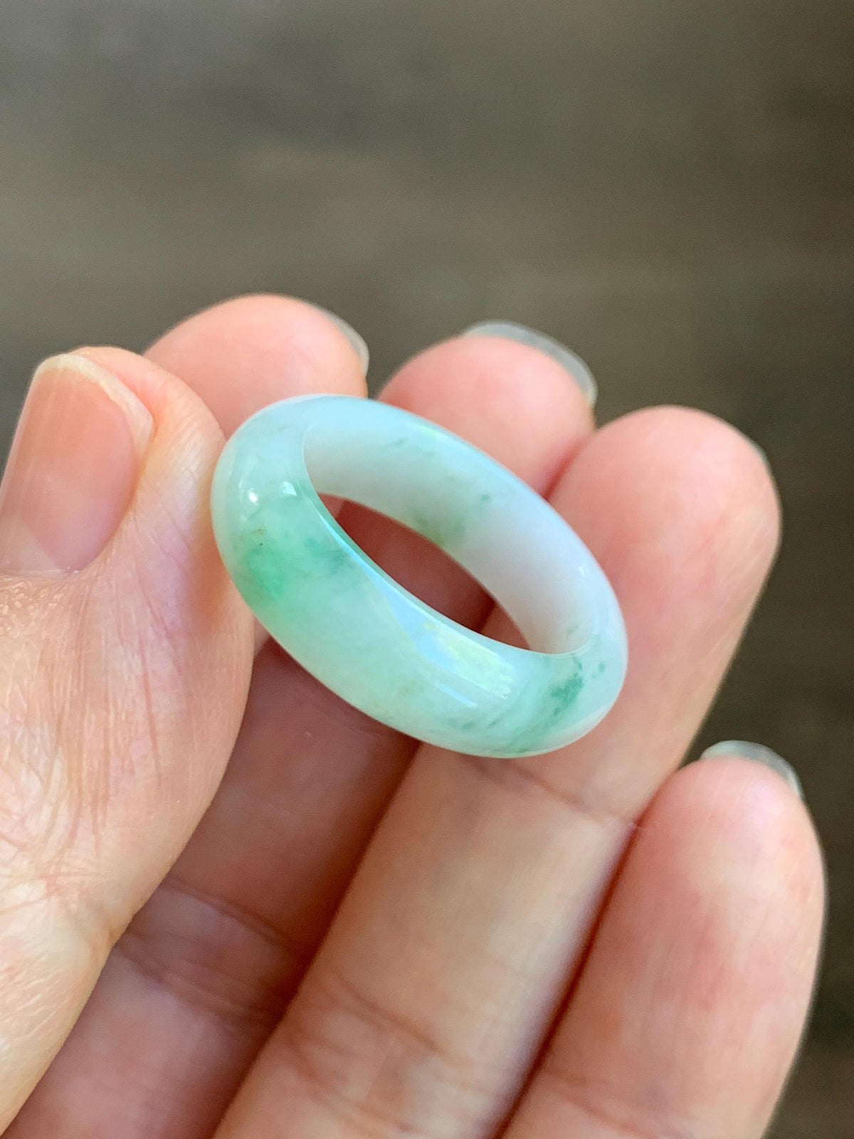 Natural Grade A Icy Translucent White & Green Marbled Jade Jadeite Band Ring Size 7.75 US 4g 天然白冰飘绿花翡翠戒圈 MBL220B