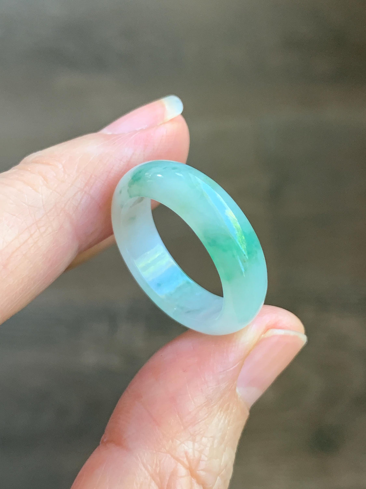 Natural Grade A Icy Translucent White & Green Marbled Jade Jadeite Band Ring Size 7.75 US 4g 天然白冰飘绿花翡翠戒圈 MBL220B
