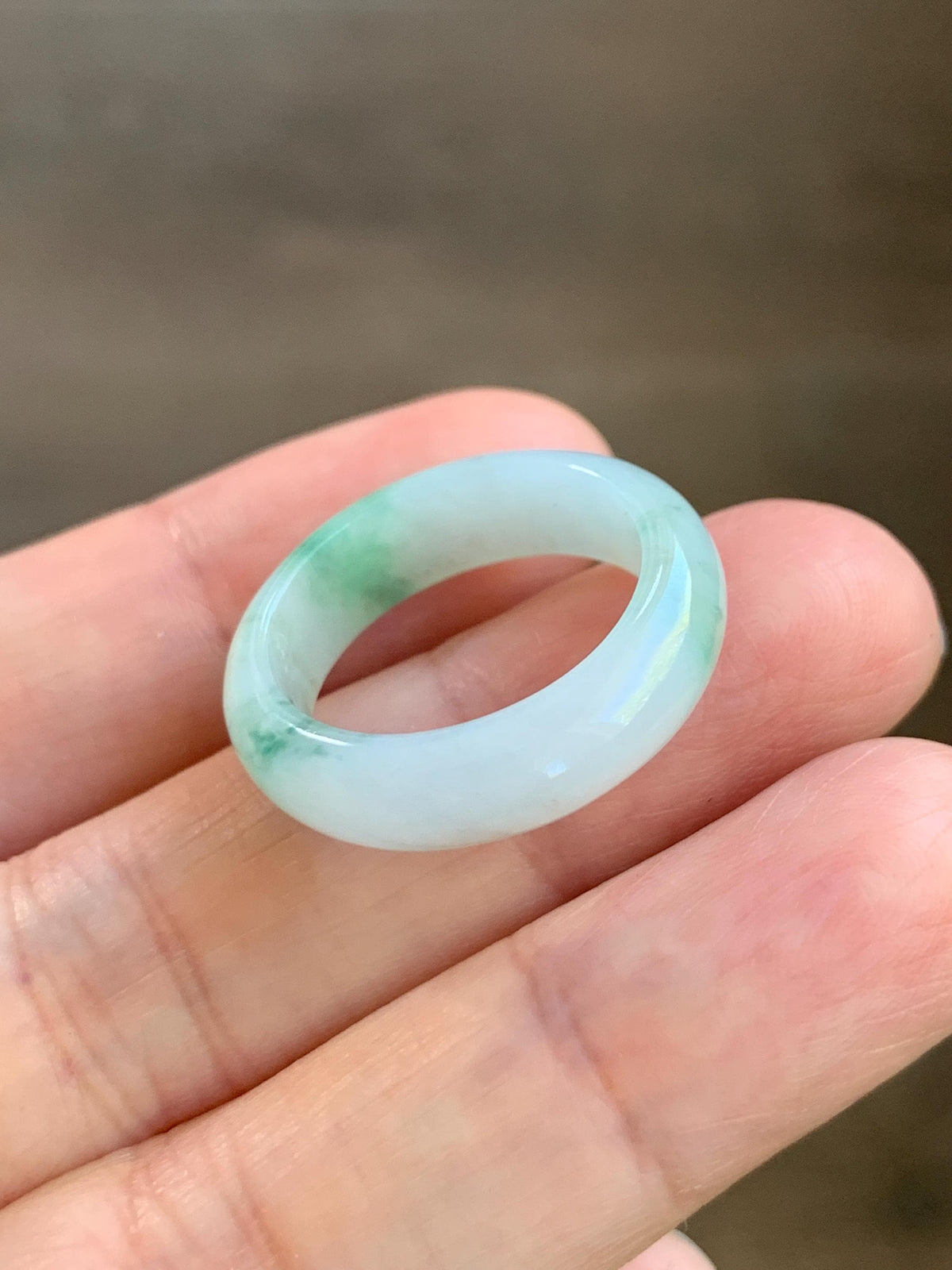 Natural Grade A Icy Translucent White & Green Marbled Jade Jadeite Band Ring Size 7.75 US 4g 天然白冰飘绿花翡翠戒圈 MBL220B