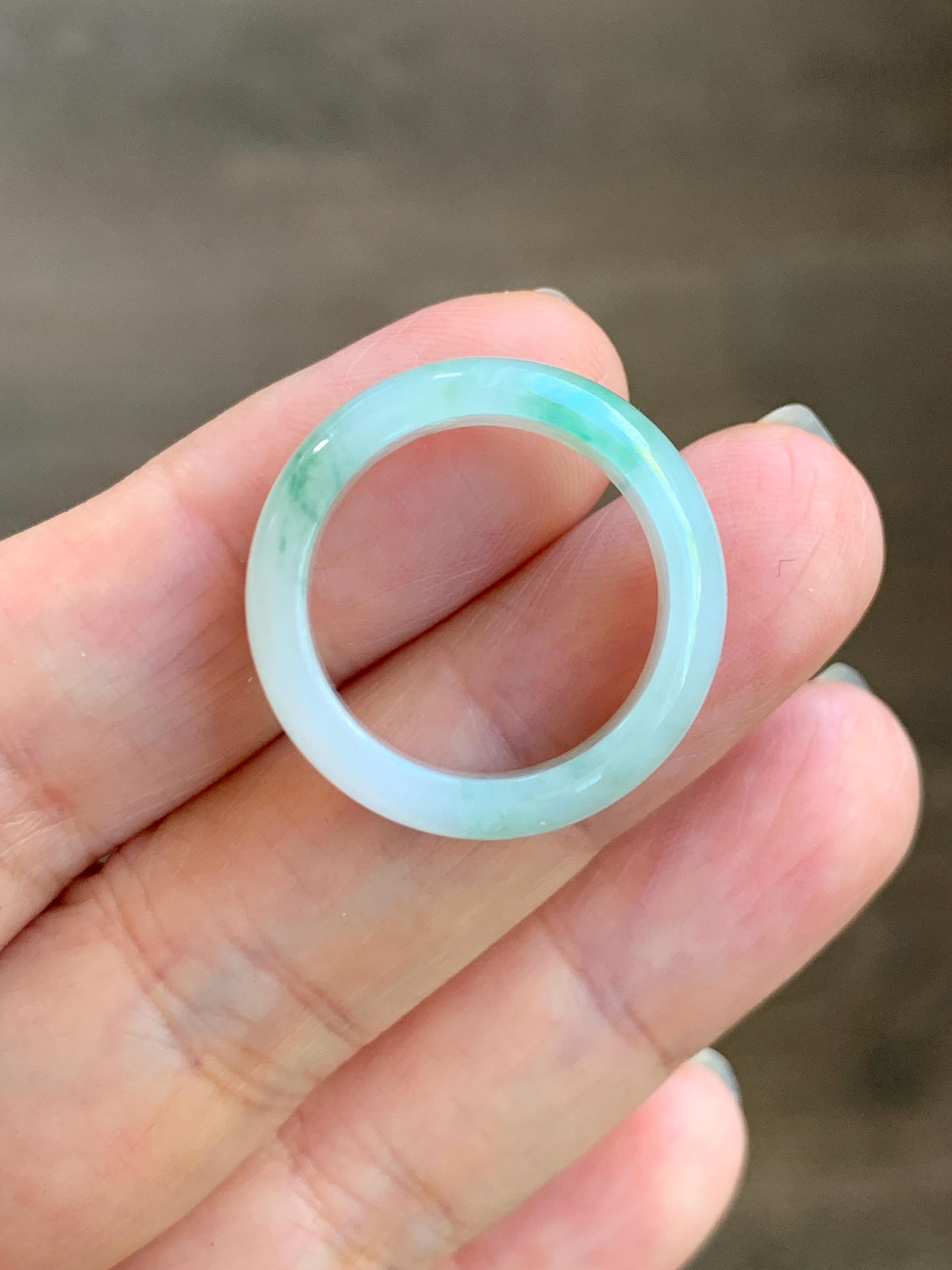 Natural Grade A Icy Translucent White & Green Marbled Jade Jadeite Band Ring Size 7.75 US 4g 天然白冰飘绿花翡翠戒圈 MBL220B