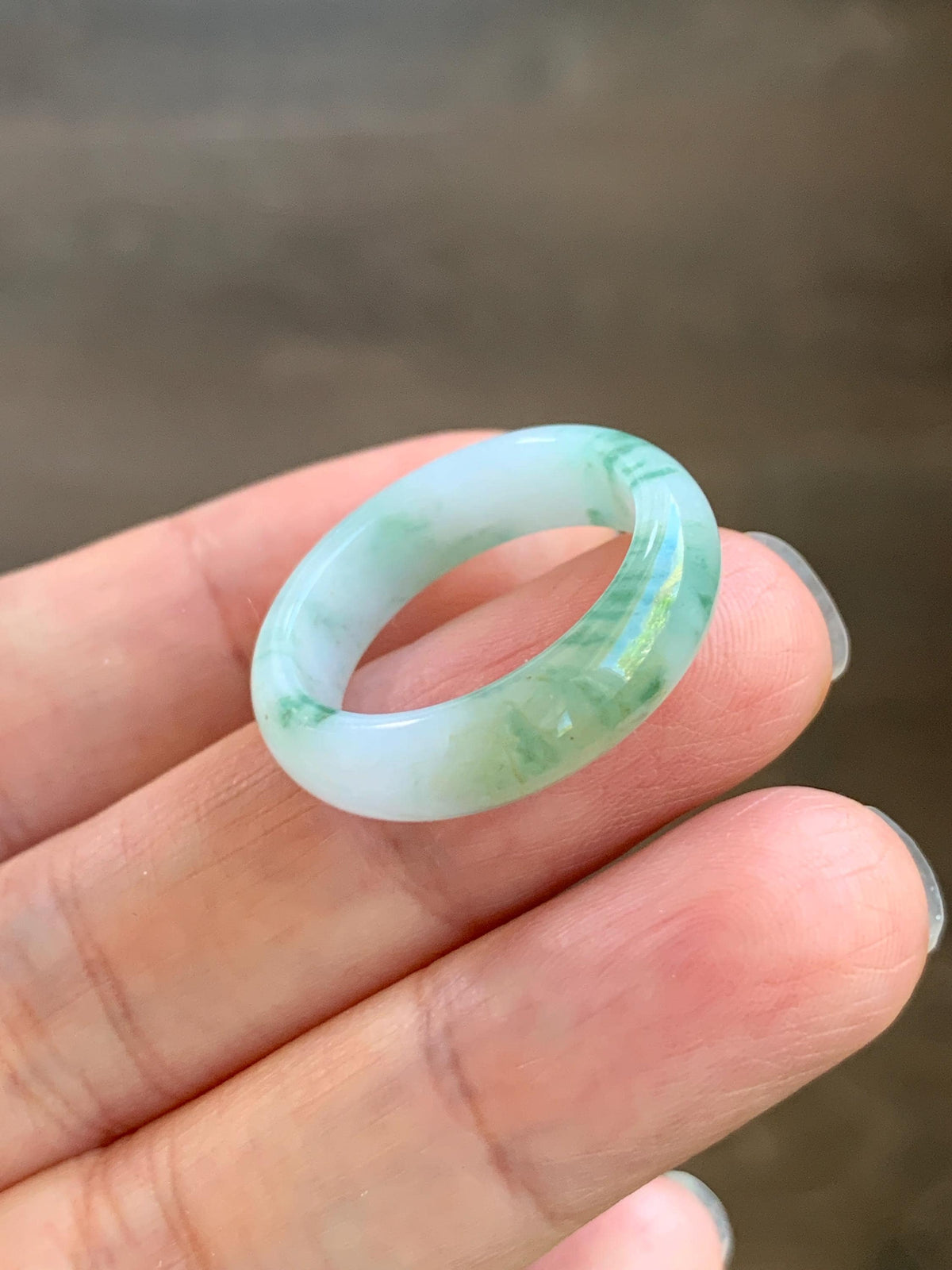Natural Grade A Icy Translucent White & Green Marbled Jade Jadeite Band Ring Size 8.5 US 4g 天然白冰飘绿花翡翠戒圈 MBL220A