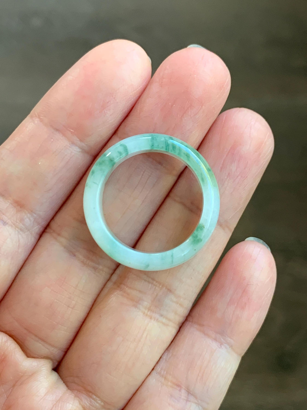 Natural Grade A Icy Translucent White & Green Marbled Jade Jadeite Band Ring Size 8.5 US 4g 天然白冰飘绿花翡翠戒圈 MBL220A