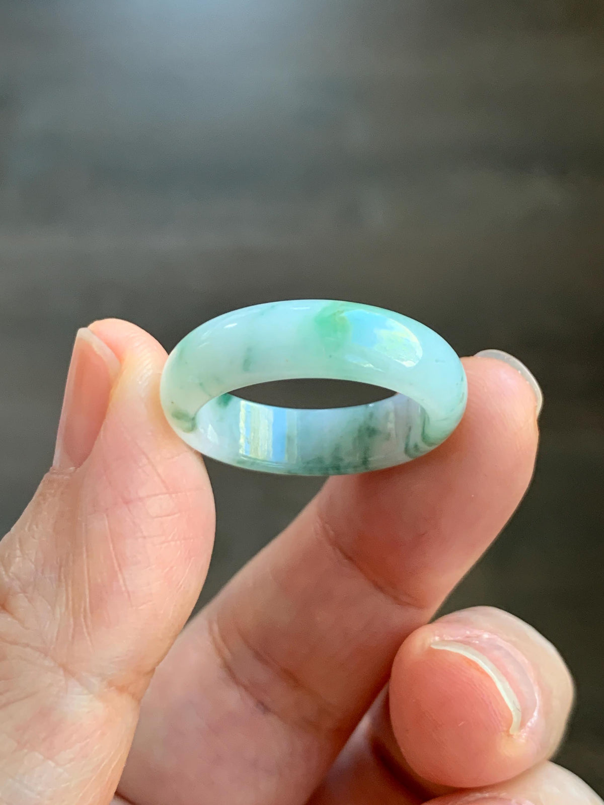 Natural Grade A Icy Translucent White & Green Marbled Jade Jadeite Band Ring Size 8.5 US 4g 天然白冰飘绿花翡翠戒圈 MBL220A