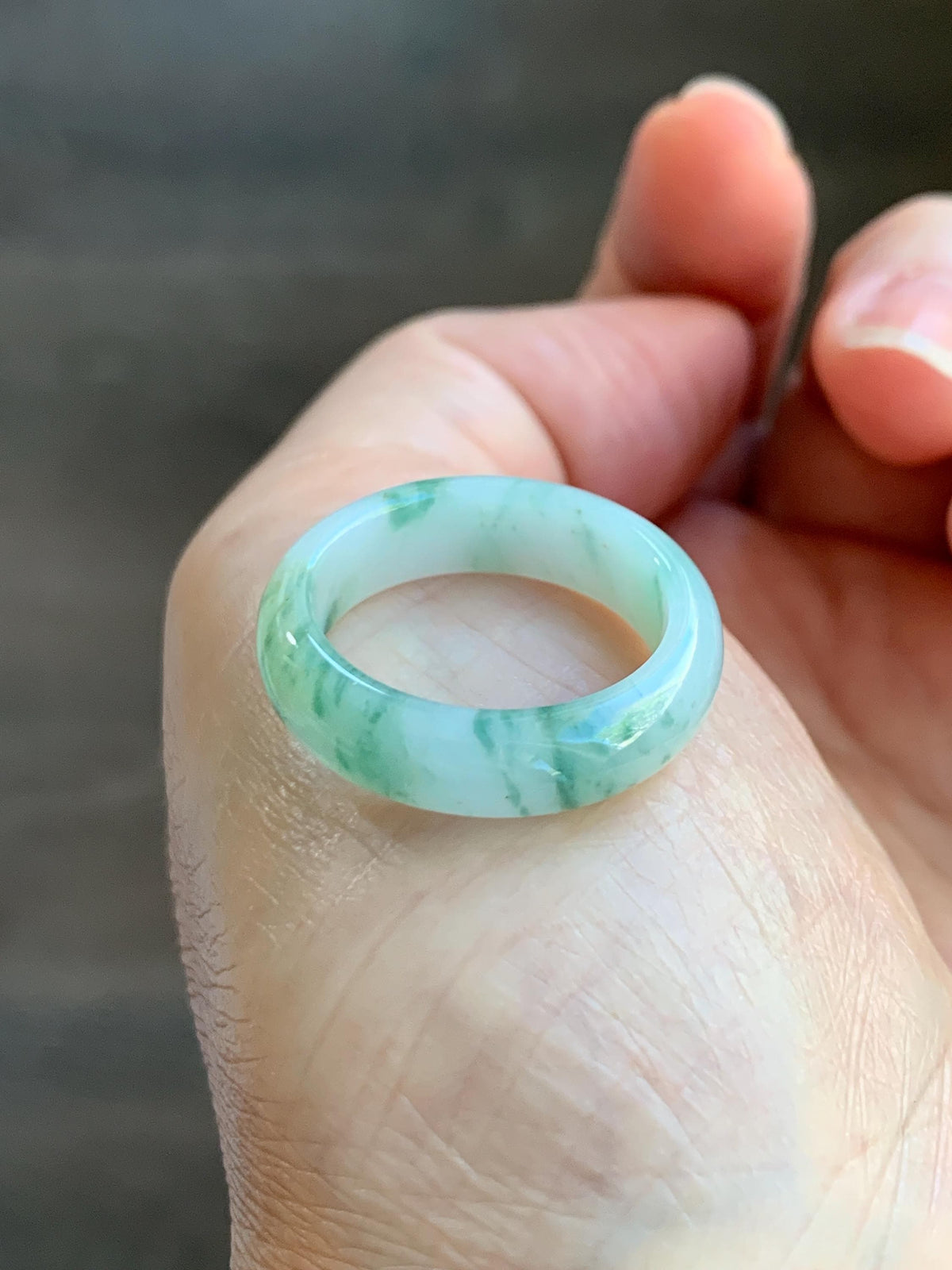 Natural Grade A Icy Translucent White & Green Marbled Jade Jadeite Band Ring Size 8.5 US 4g 天然白冰飘绿花翡翠戒圈 MBL220A