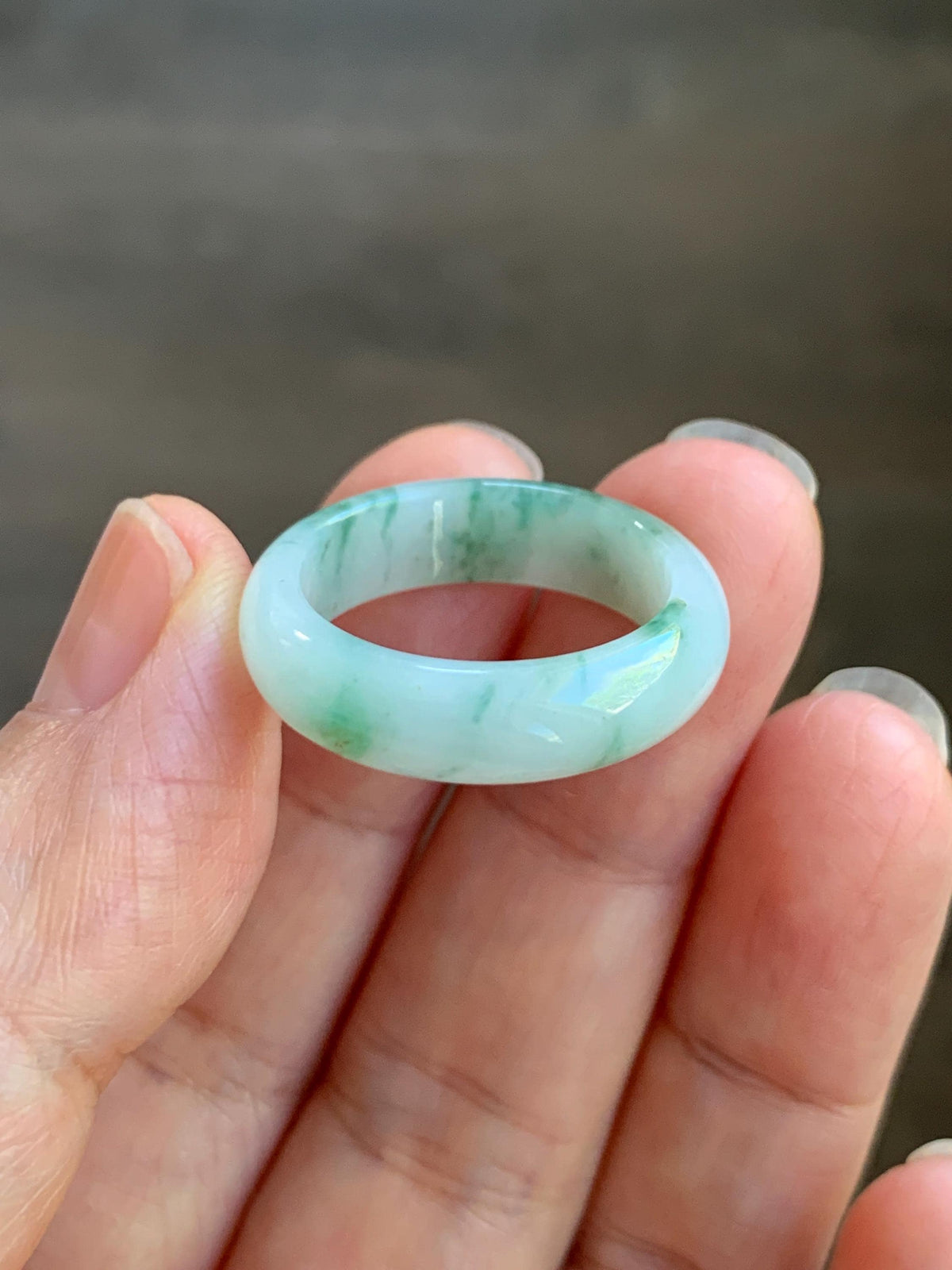 Natural Grade A Icy Translucent White & Green Marbled Jade Jadeite Band Ring Size 8.5 US 4g 天然白冰飘绿花翡翠戒圈 MBL220A