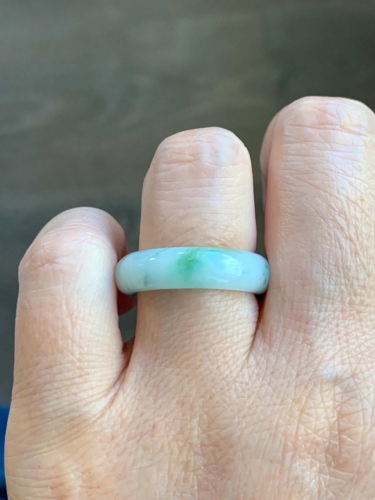 Natural Grade A Icy Translucent White & Green Marbled Jade Jadeite Band Ring Size 8.5 US 4g 天然白冰飘绿花翡翠戒圈 MBL220A