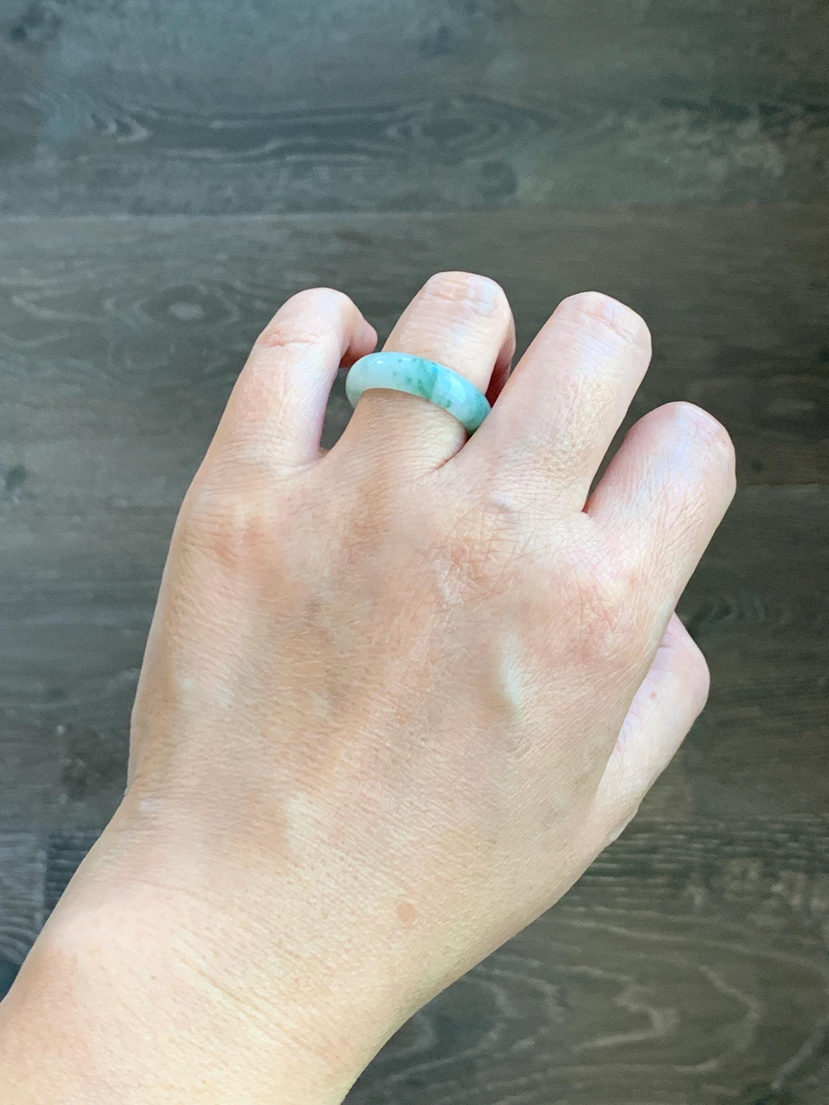 Natural Grade A Icy Translucent White & Green Marbled Jade Jadeite Band Ring Size 8.5 US 4g 天然白冰飘绿花翡翠戒圈 MBL220A