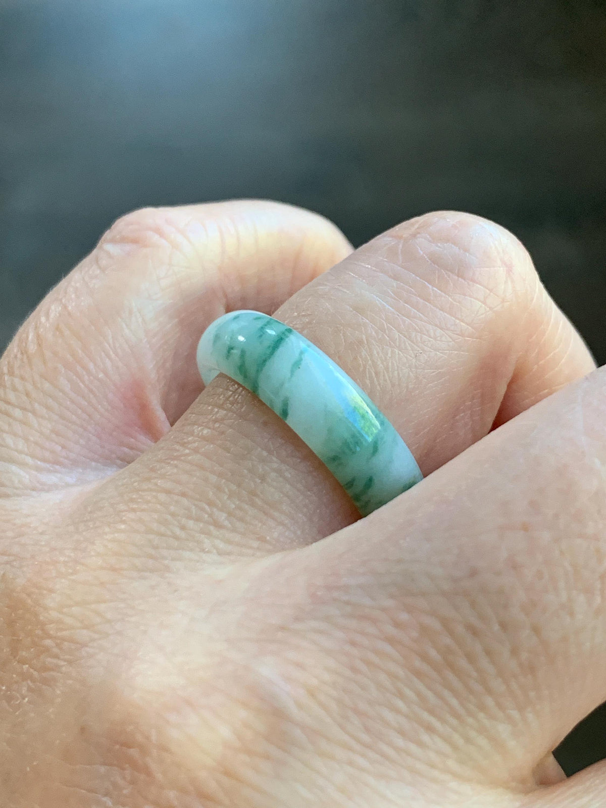 Natural Grade A Icy Translucent White & Green Marbled Jade Jadeite Band Ring Size 8.5 US 4g 天然白冰飘绿花翡翠戒圈 MBL220A