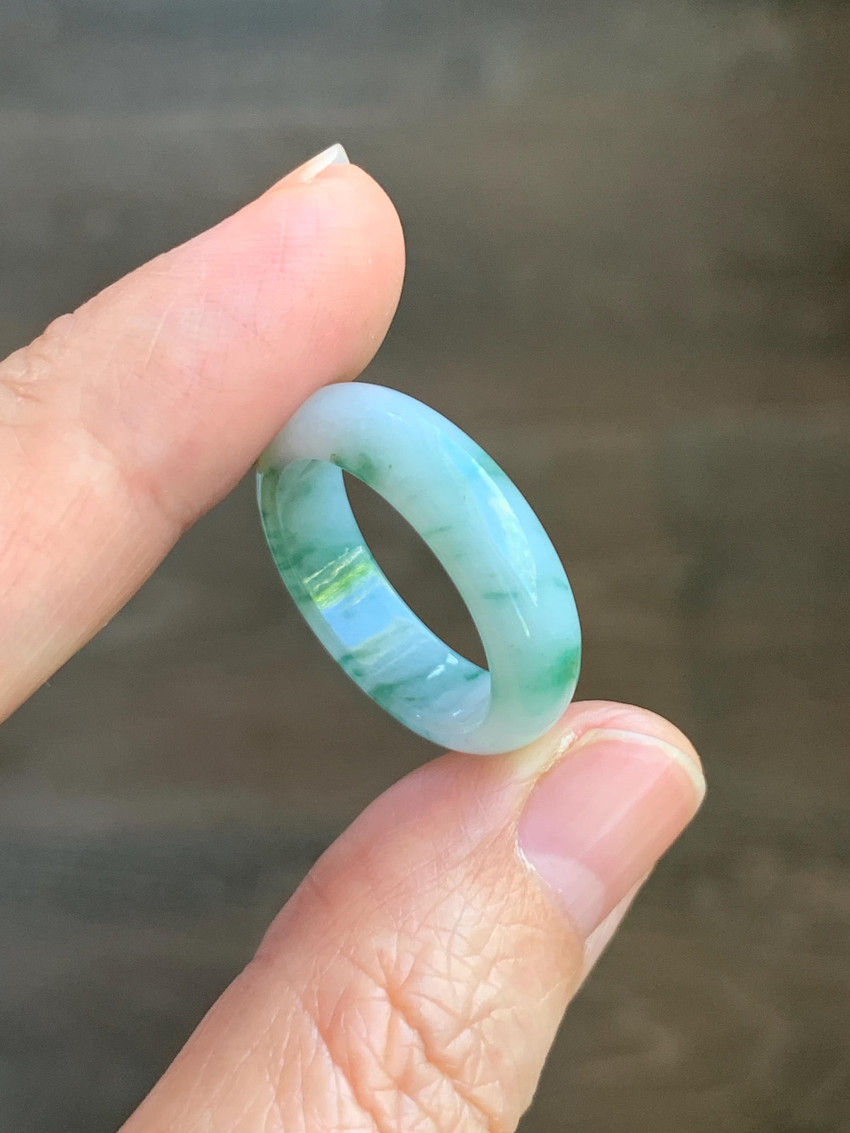 Natural Grade A Icy Translucent White & Green Marbled Jade Jadeite Band Ring Size 8.5 US 4g 天然白冰飘绿花翡翠戒圈 MBL220A