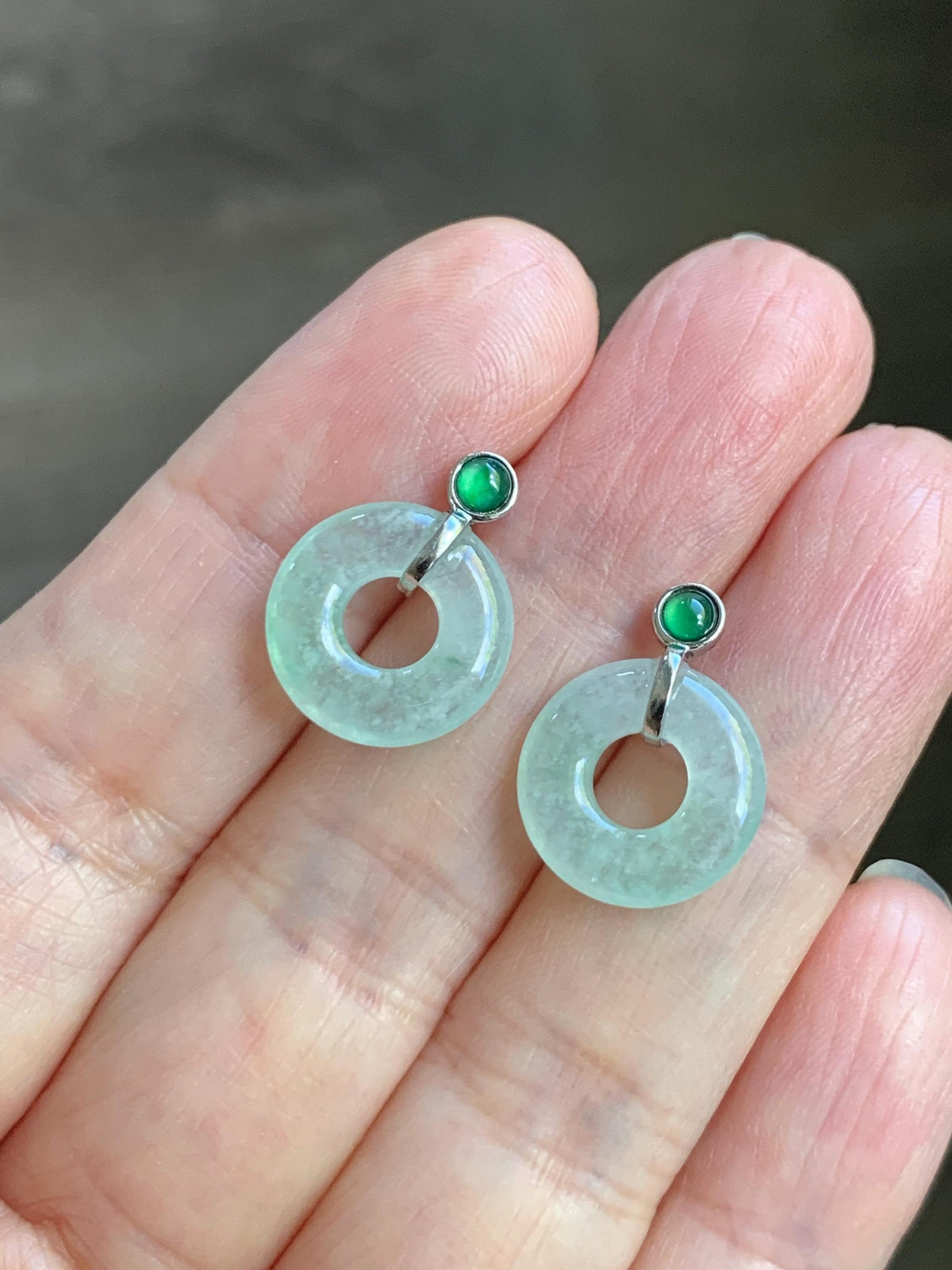 Natural Grade A Icy Highly Translucent Light Green Jade Jadeite Ping An Kou Donut Stud Earrings Sterling Silver 天然冰晴底翡翠平安扣耳钉 MQS240A