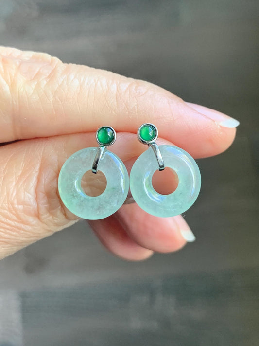 Natural Grade A Icy Highly Translucent Light Green Jade Jadeite Ping An Kou Donut Stud Earrings Sterling Silver 天然冰晴底翡翠平安扣耳钉 MQS240A