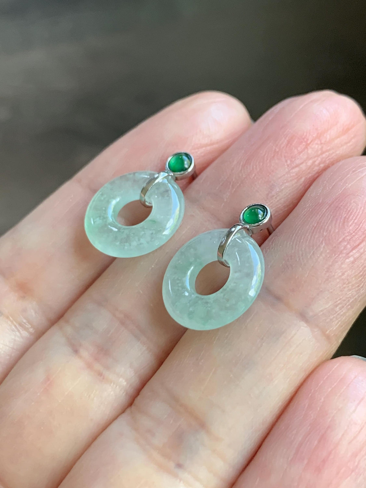 Natural Grade A Icy Highly Translucent Light Green Jade Jadeite Ping An Kou Donut Stud Earrings Sterling Silver 天然冰晴底翡翠平安扣耳钉 MQS240A