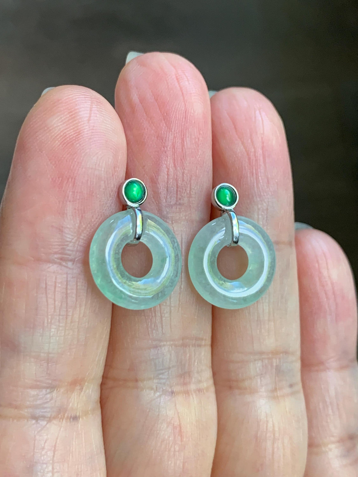 Natural Grade A Icy Highly Translucent Light Green Jade Jadeite Ping An Kou Donut Stud Earrings Sterling Silver 天然冰晴底翡翠平安扣耳钉 MQS240A