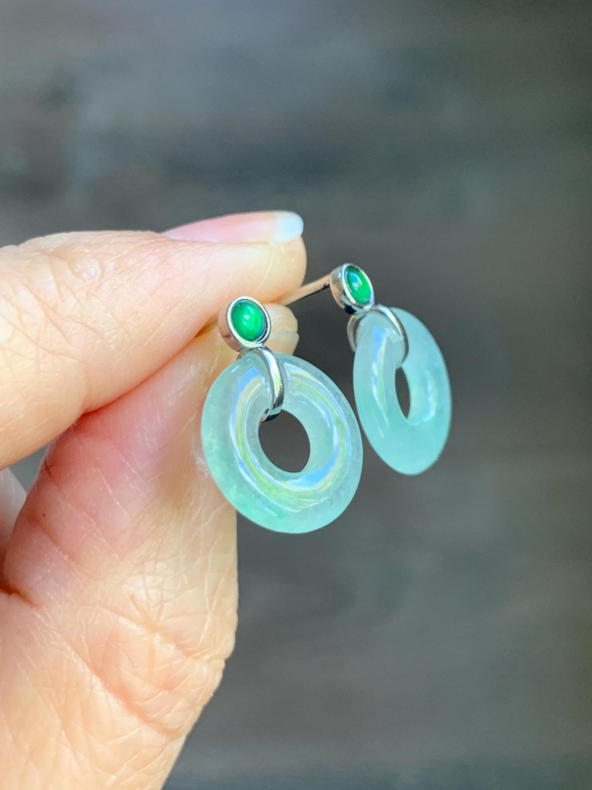 Natural Grade A Icy Highly Translucent Light Green Jade Jadeite Ping An Kou Donut Stud Earrings Sterling Silver 天然冰晴底翡翠平安扣耳钉 MQS240A