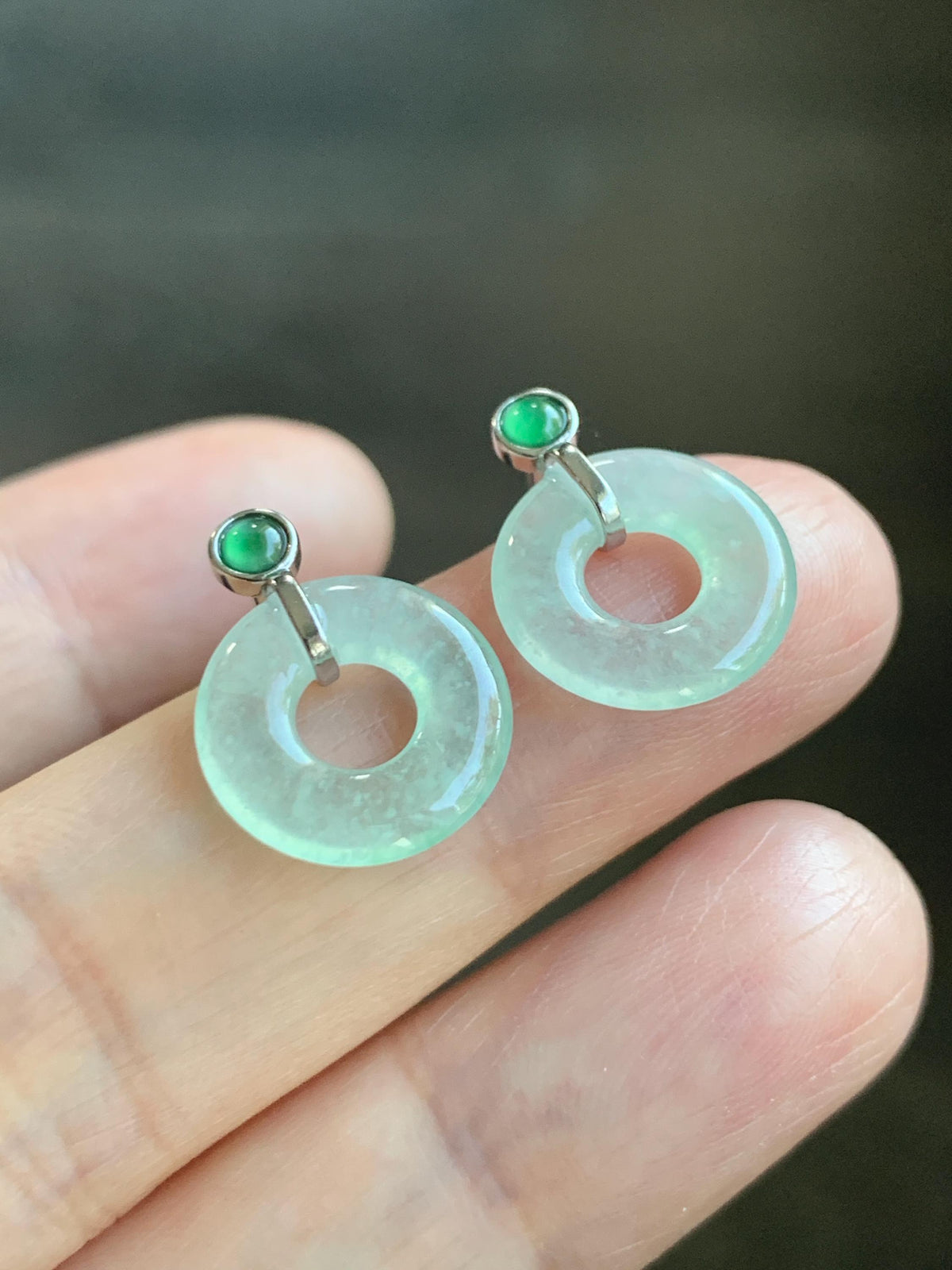 Natural Grade A Icy Highly Translucent Light Green Jade Jadeite Ping An Kou Donut Stud Earrings Sterling Silver 天然冰晴底翡翠平安扣耳钉 MQS240B