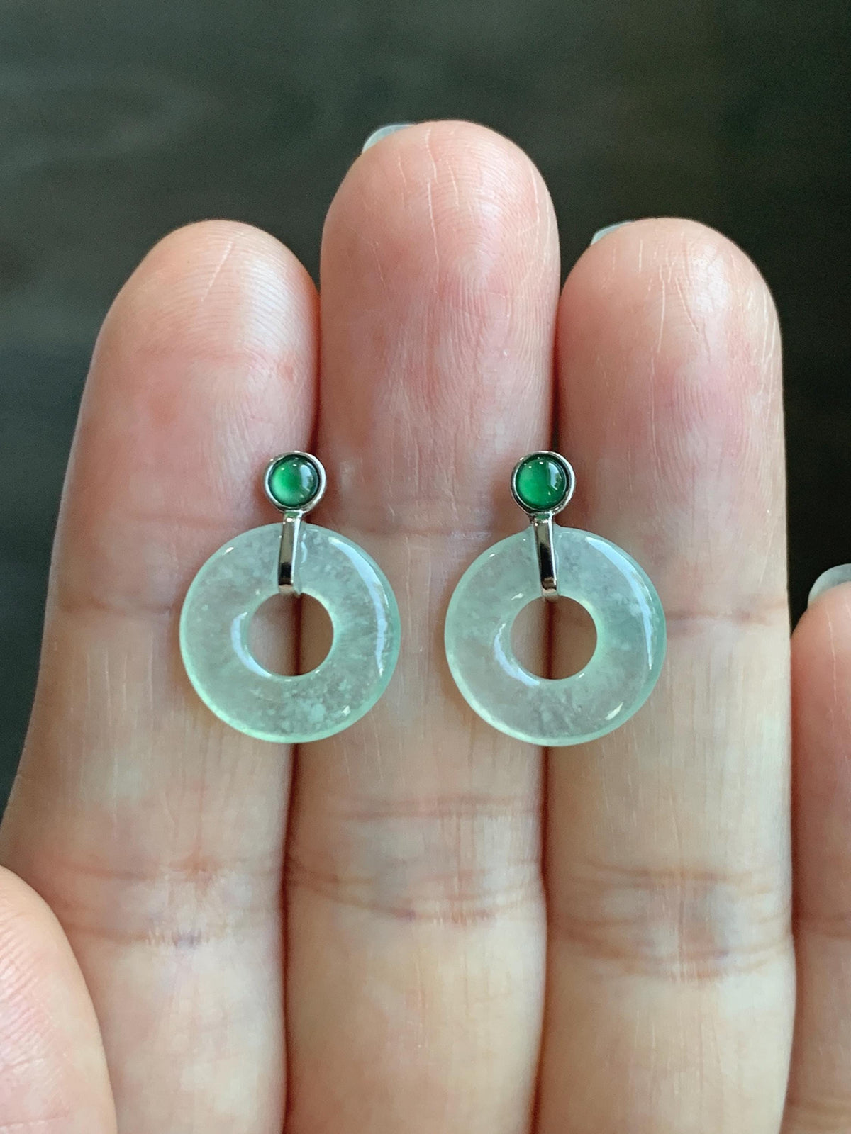 Natural Grade A Icy Highly Translucent Light Green Jade Jadeite Ping An Kou Donut Stud Earrings Sterling Silver 天然冰晴底翡翠平安扣耳钉 MQS240B