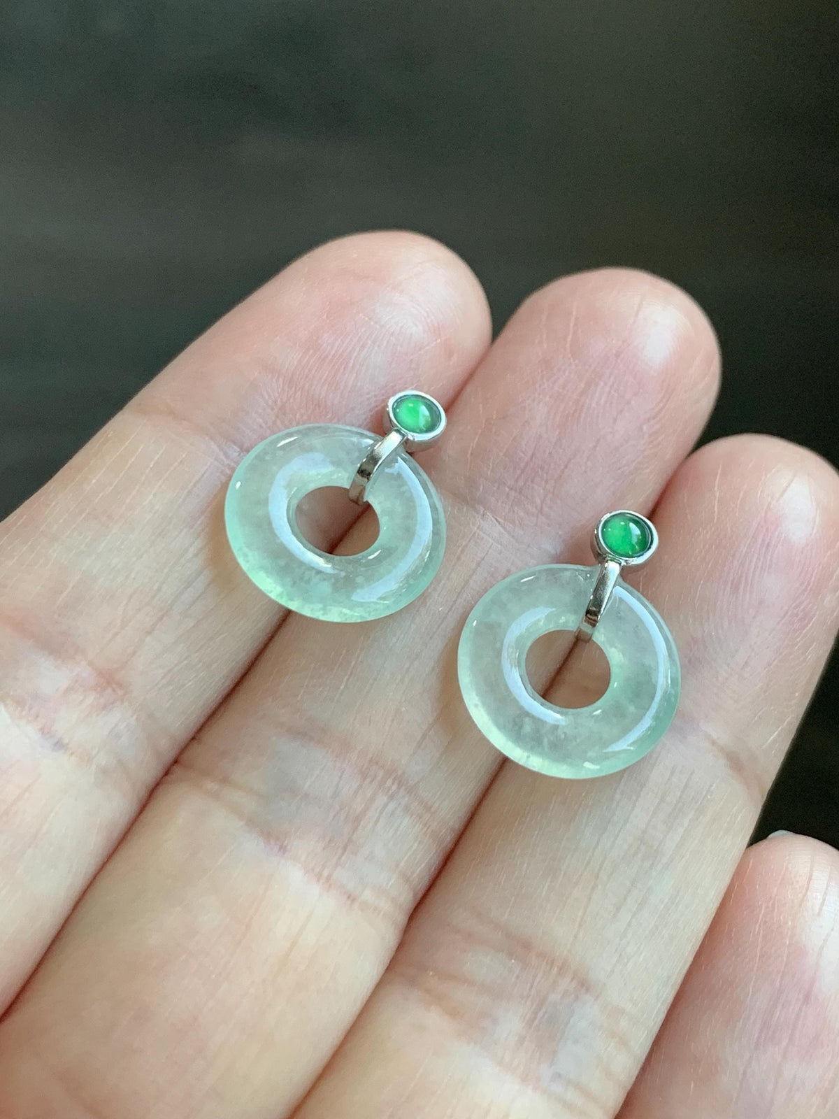 Natural Grade A Icy Highly Translucent Light Green Jade Jadeite Ping An Kou Donut Stud Earrings Sterling Silver 天然冰晴底翡翠平安扣耳钉 MQS240B