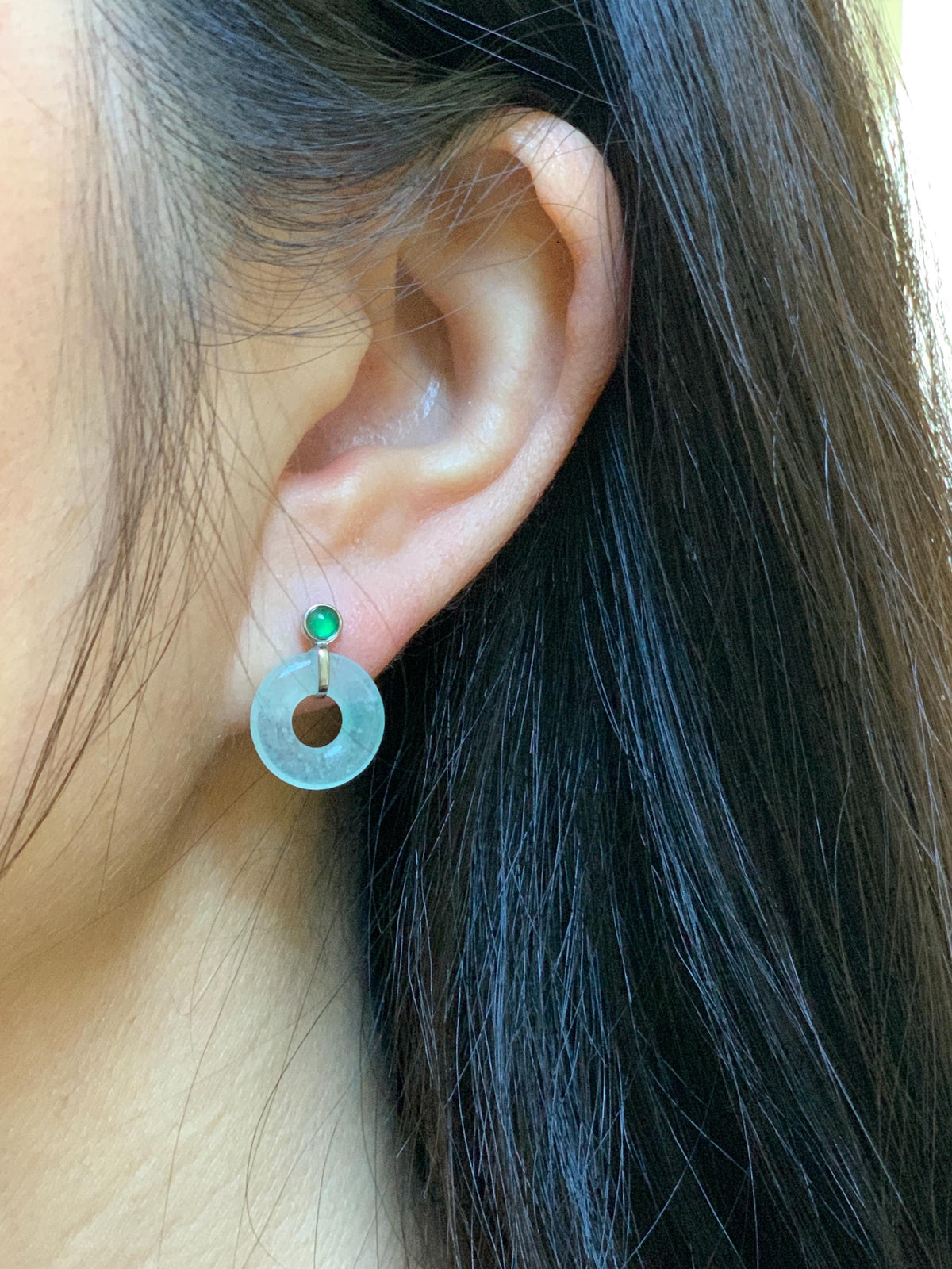 Natural Grade A Icy Highly Translucent Light Green Jade Jadeite Ping An Kou Donut Stud Earrings Sterling Silver 天然冰晴底翡翠平安扣耳钉 MQS240B