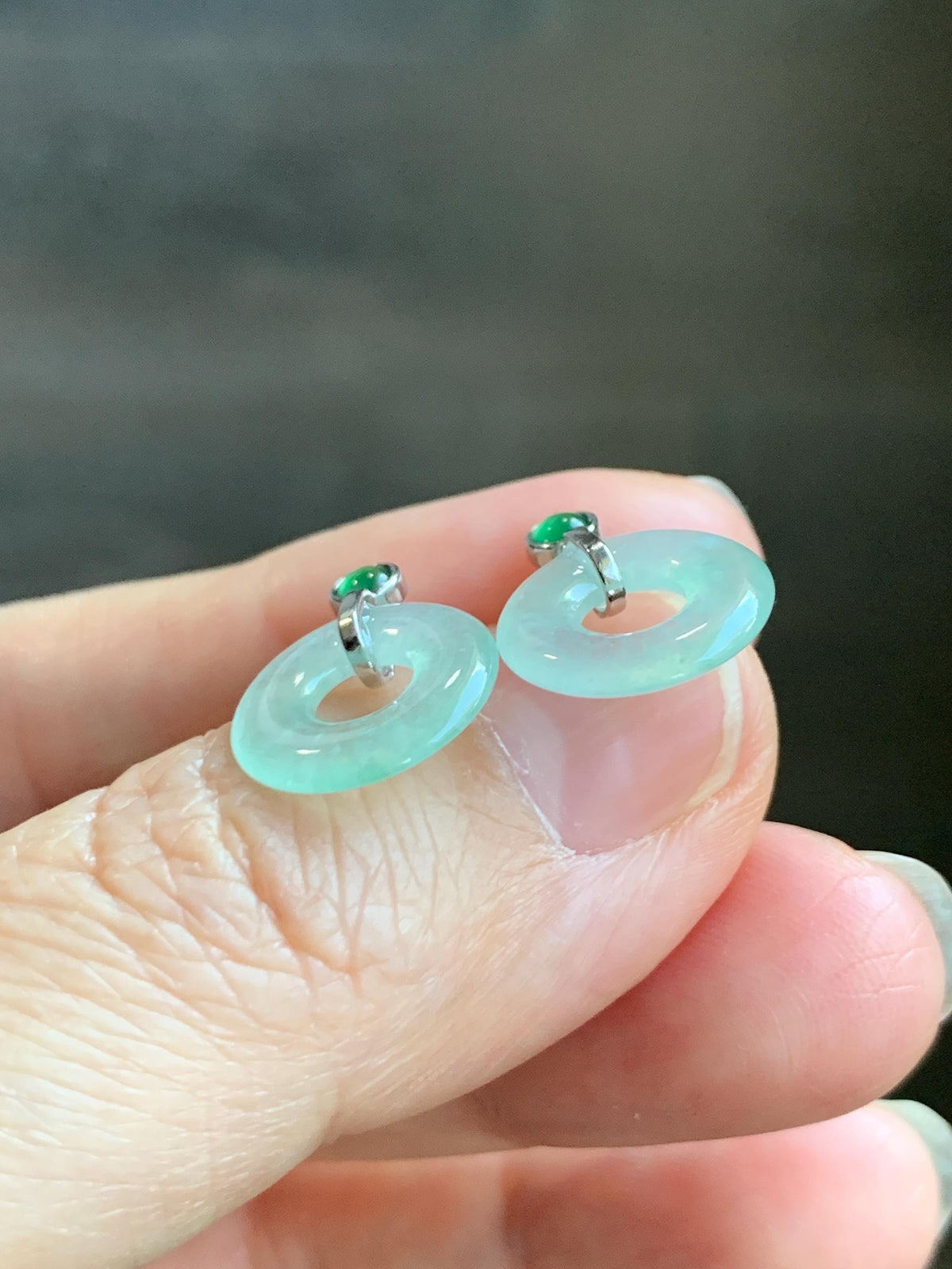 Natural Grade A Icy Highly Translucent Light Green Jade Jadeite Ping An Kou Donut Stud Earrings Sterling Silver 天然冰晴底翡翠平安扣耳钉 MQS240B