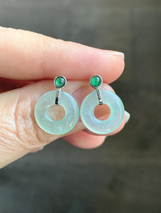 Natural Grade A Icy Highly Translucent Light Green Jade Jadeite Ping An Kou Donut Stud Earrings Sterling Silver 天然冰晴底翡翠平安扣耳钉 MQS240B
