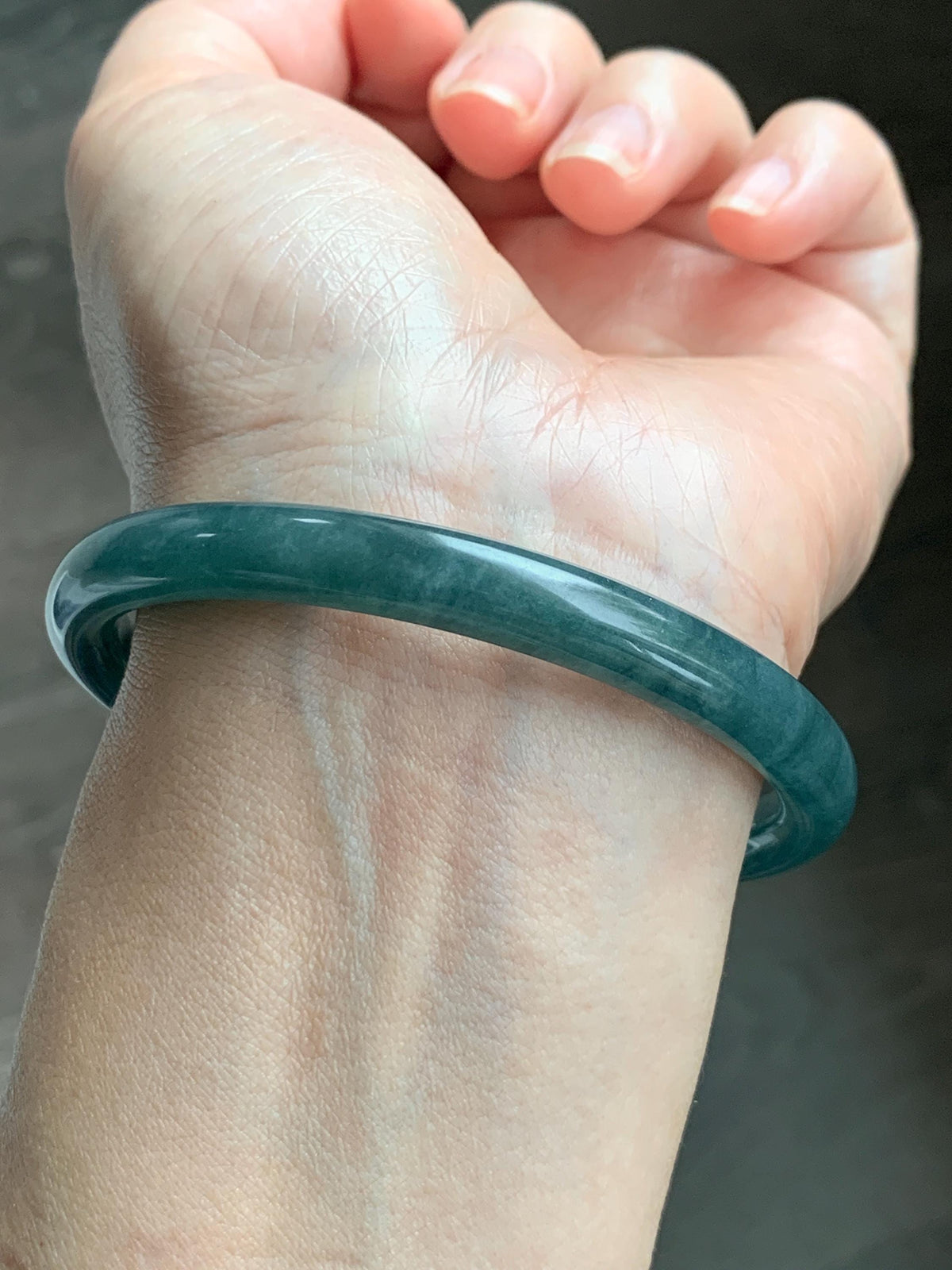 Certified Natural Grade A Guatemalan Icy Translucent Dark Teal Blue Jade Jadeite Bangle Bracelet 61mm 7.54” 30.88g 天然冰危深蓝绿翡翠圆条手镯 1208