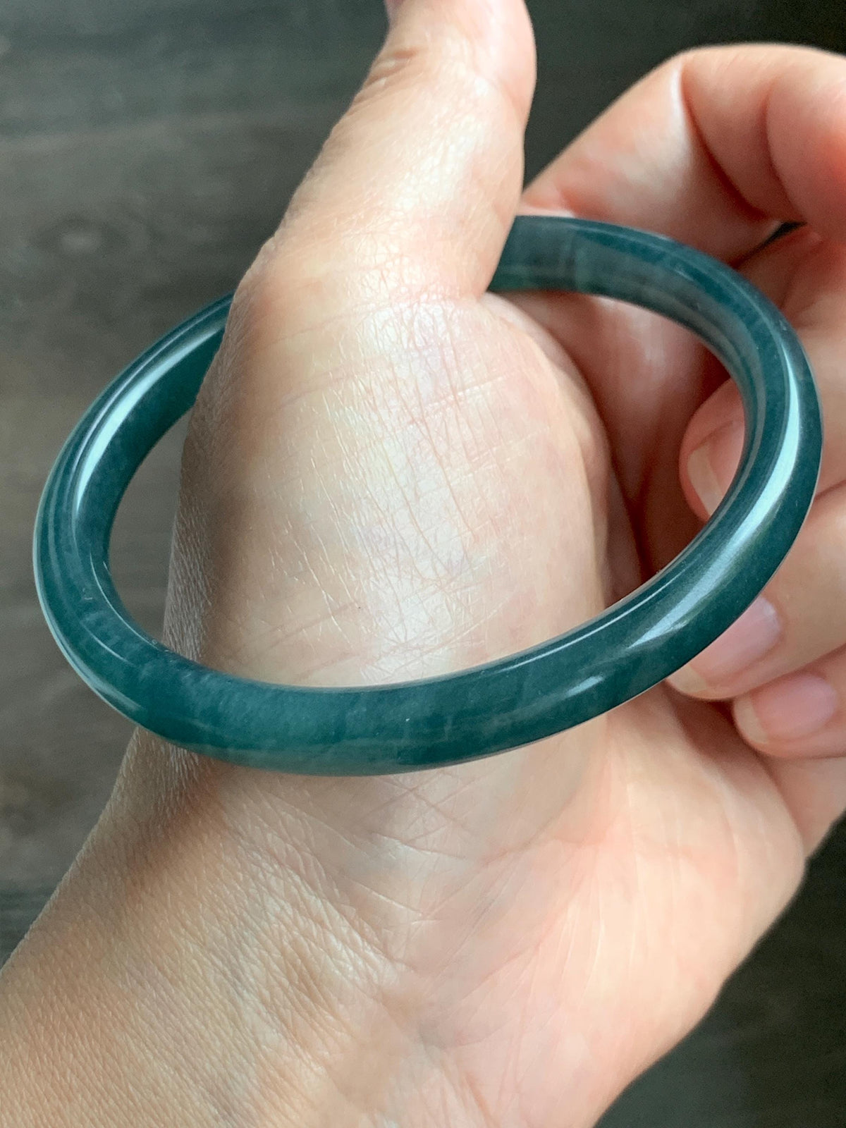Certified Natural Grade A Guatemalan Icy Translucent Dark Teal Blue Jade Jadeite Bangle Bracelet 61mm 7.54” 30.88g 天然冰危深蓝绿翡翠圆条手镯 1208