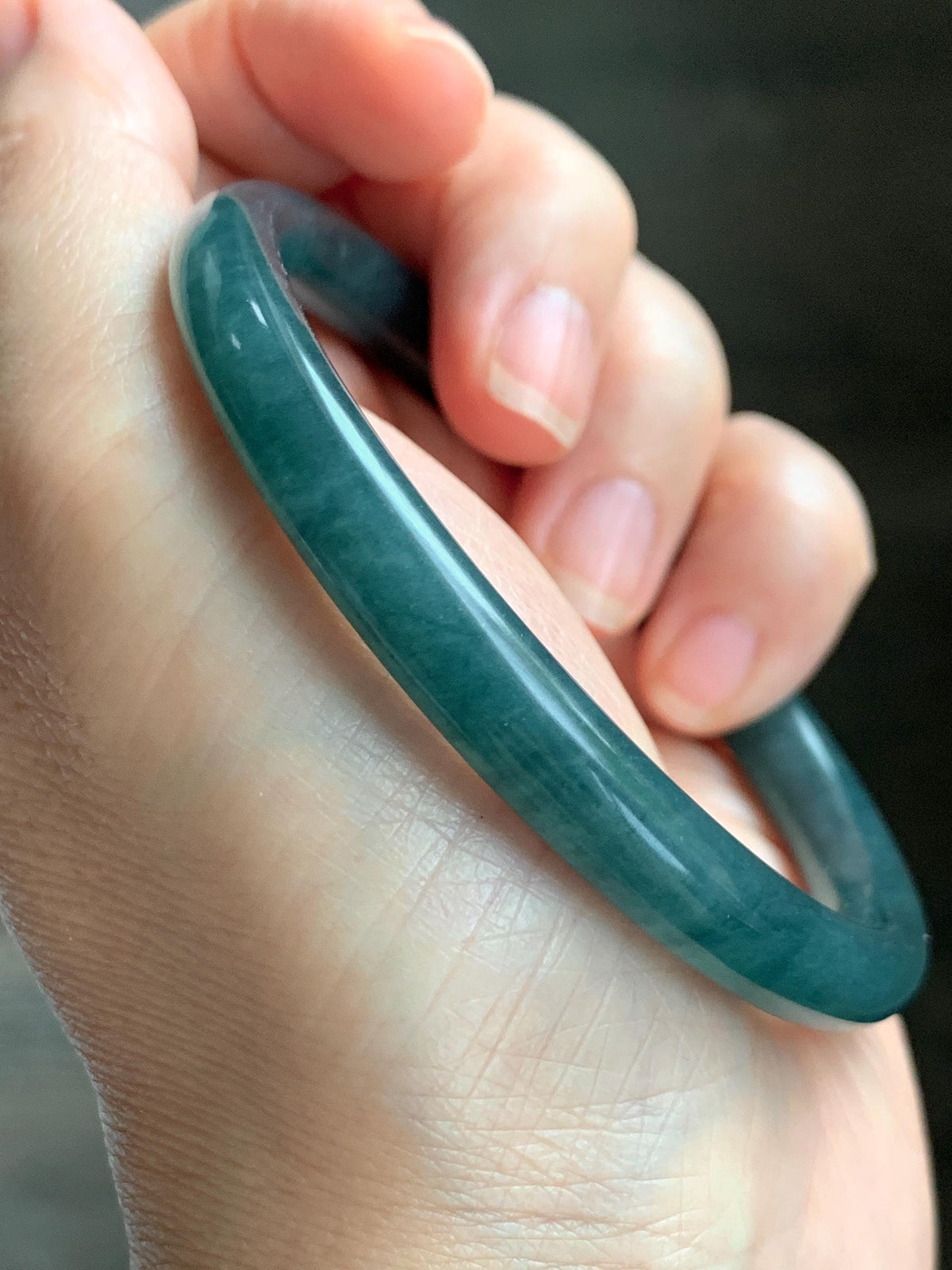 Certified Natural Grade A Guatemalan Icy Translucent Dark Teal Blue Jade Jadeite Bangle Bracelet 61mm 7.54” 30.88g 天然冰危深蓝绿翡翠圆条手镯 1208